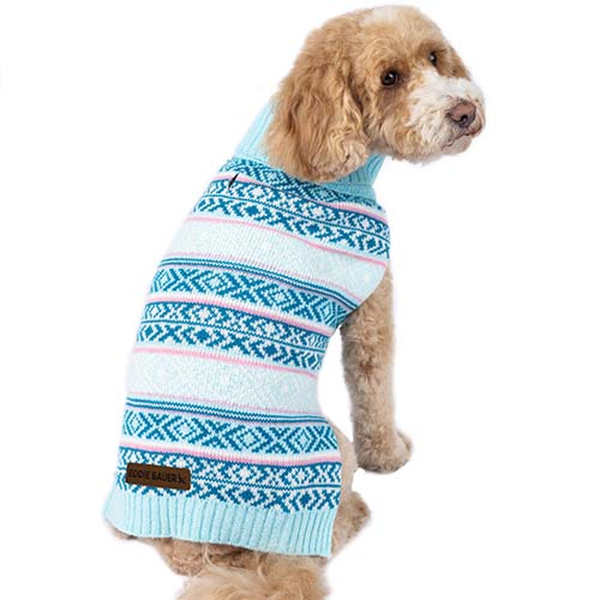 PetRageous Designs Eddie Bauer Camano Fair Isle Dog Sweater Aqua/Pink -- lifestyle
