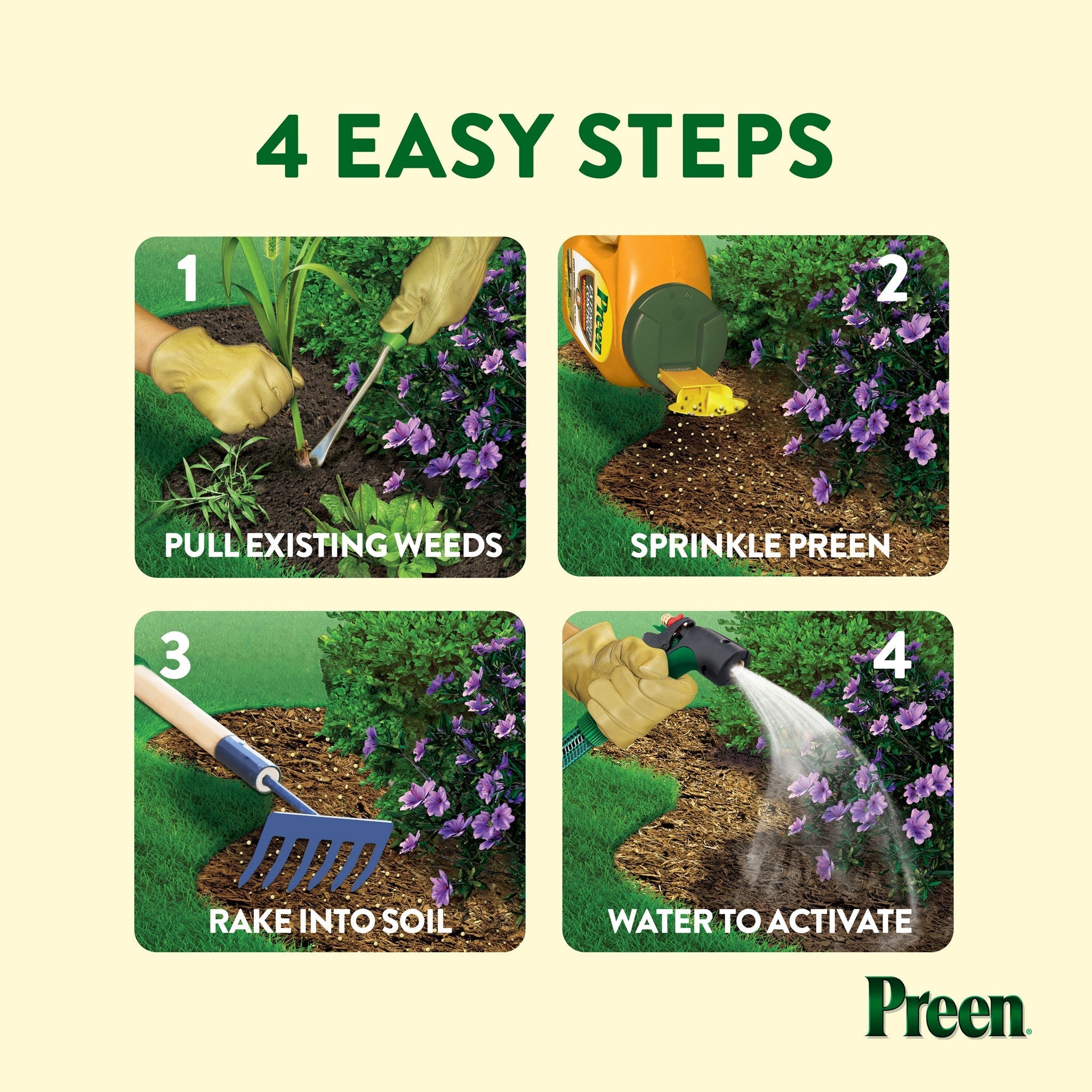 Four easy steps to prevent weeds with Preen Extended Control: pull existing weeds, sprinkle Preen, rake into soil, water to activate