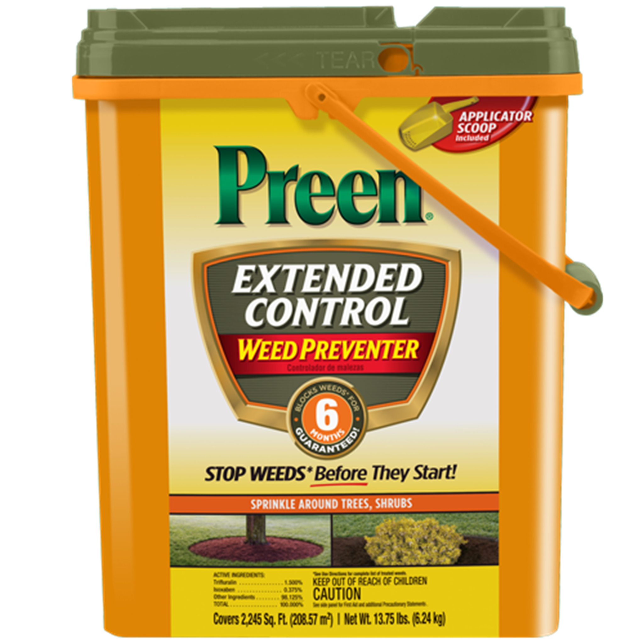 Preen Extended Control Weed Preventer 13.75 lb pail with applicator scoop, yellow and green container, Stop Weeds Before They Start, blocks weeds for 6 months guaranteed, covers 2245 sq ft, active ingredients trifluralin and isoxaben