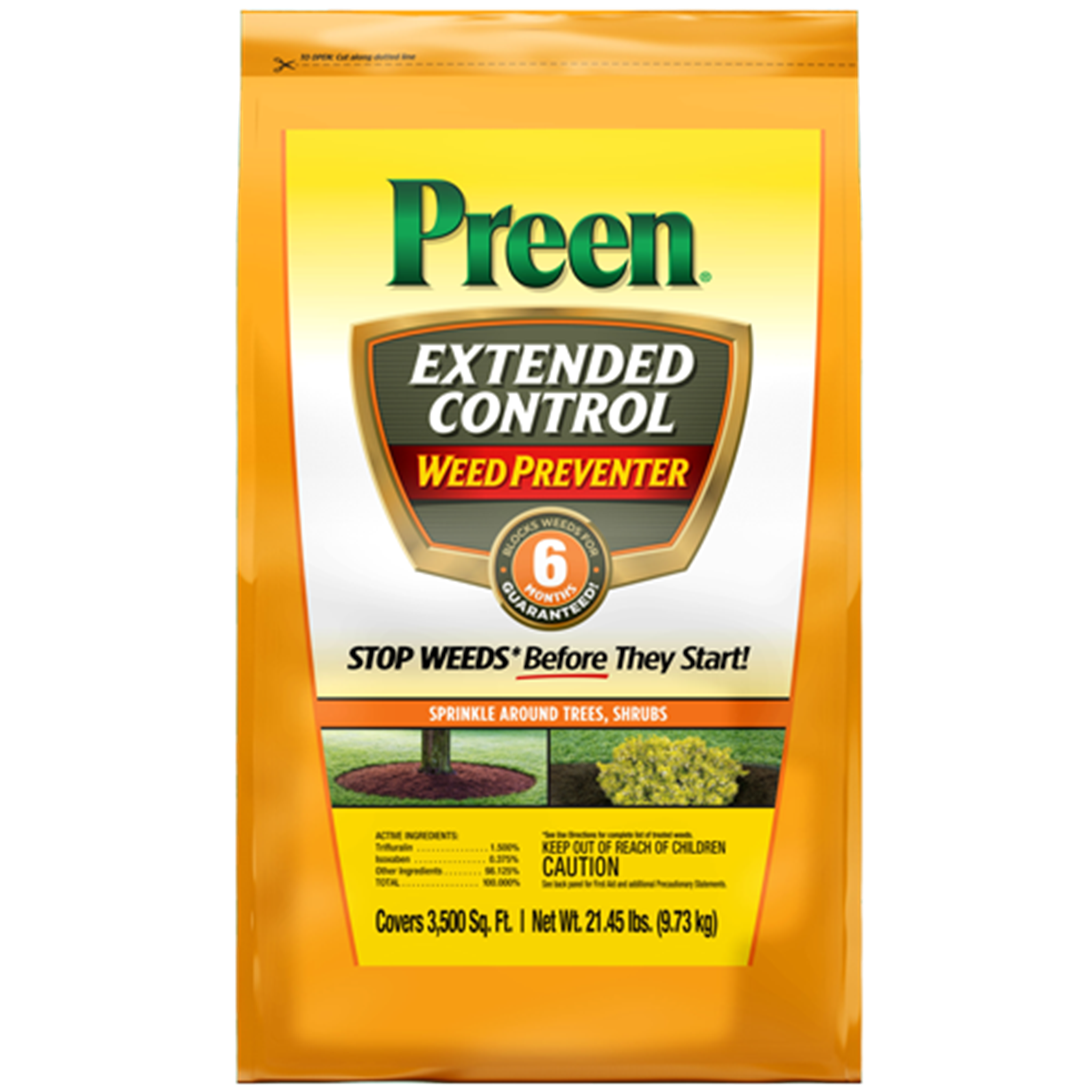 Preen Extended Control Weed Preventer 21.45 lb bag, yellow stand-up pouch, Stop Weeds Before They Start, blocks weeds for 6 months guaranteed, covers 3500 sq ft