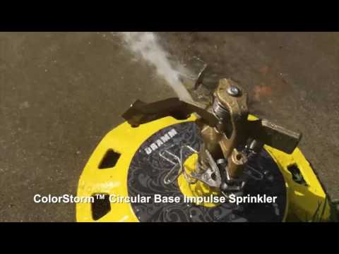 Dramm ColorStorm Stake Impulse Sprinkler in action — adjustable arc and throw radius demo