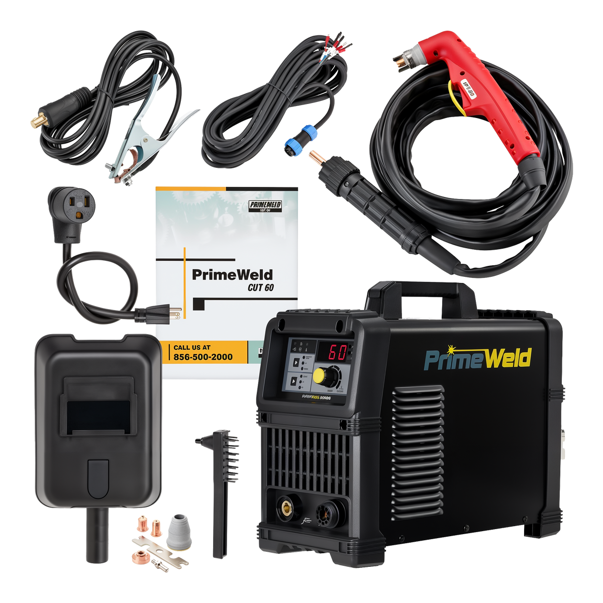 PrimeWeld CUT60 Dual Voltage 110v/220v 60-Amp Plasma Cutter -- group shot: machine with torch