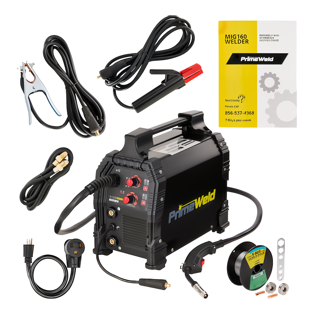 PrimeWeld MIG160 Portable Flux Core MIG Welder -- group shot: machine with gun