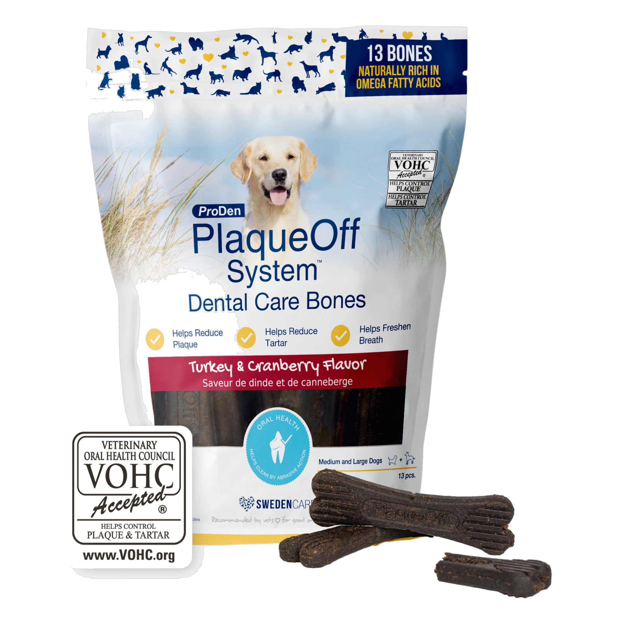 ProDen PlaqueOff System Dental Care Bones Turkey and Cranberry Flavor 13 count bag front