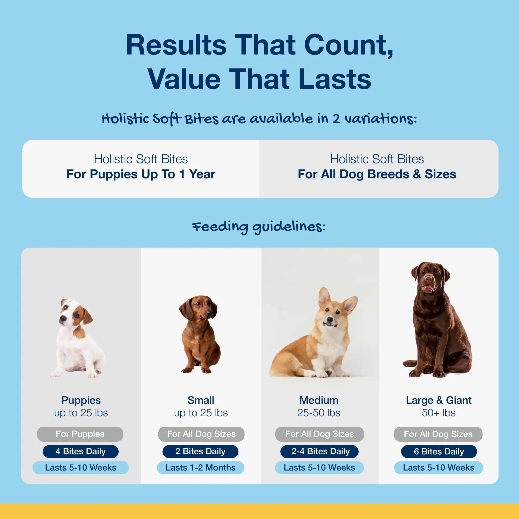Holistic Soft Bites feeding guidelines for puppies, small, medium, and large dogs