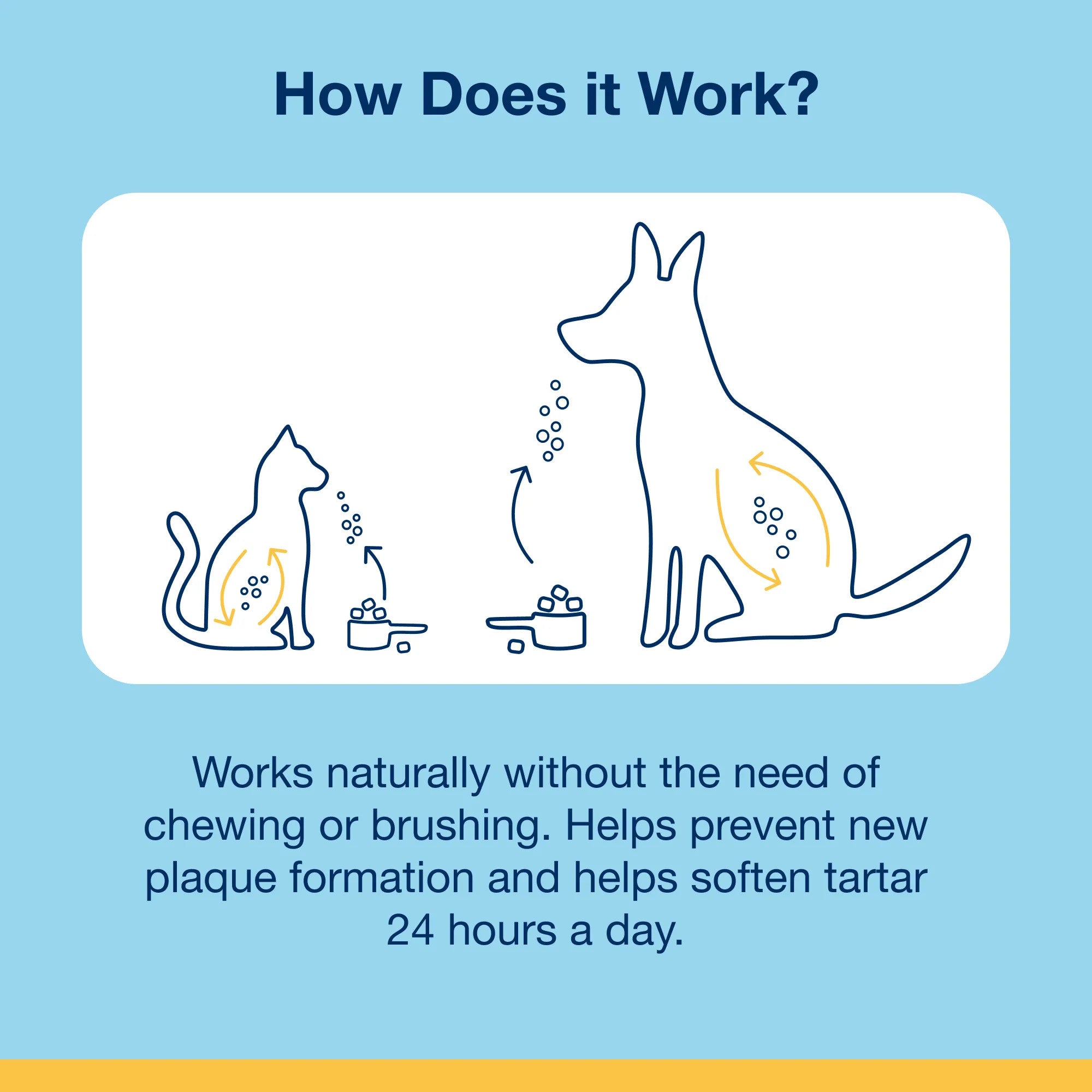 How ProDen PlaqueOff works: naturally through saliva without chewing or brushing, softening tartar 24 hours a day