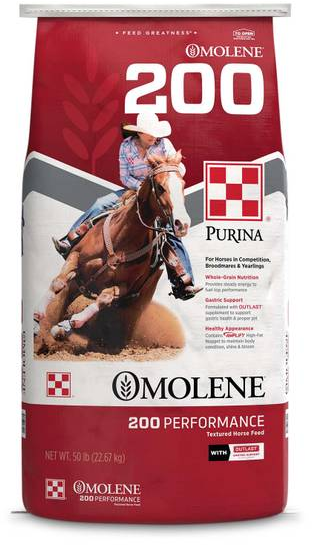 Purina Omolene 200 Performance Horse Feed bag, providing optimal nutrition for equine athletes.