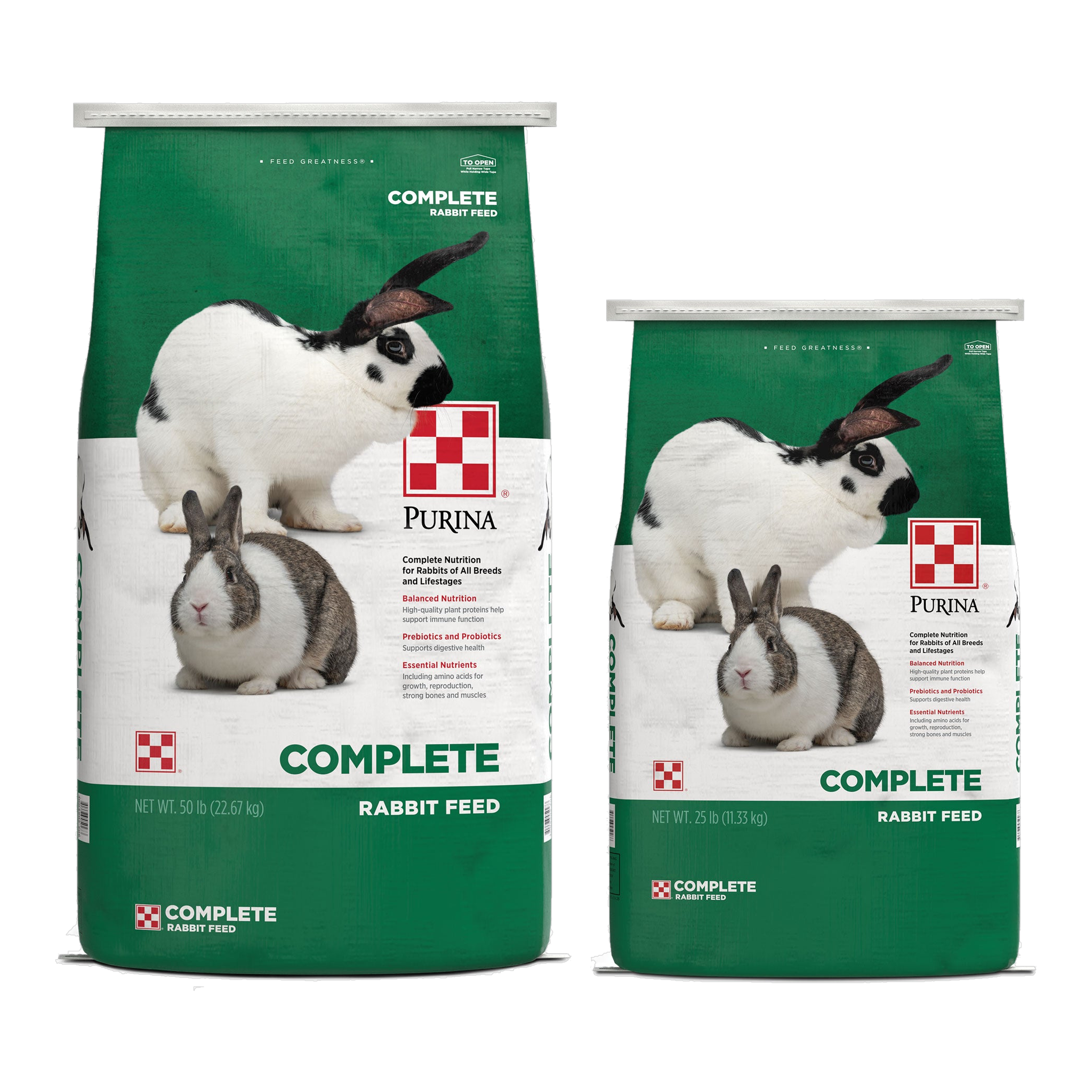 Purina Complete Rabbit Feed 50 lb and 25 lb bags side by side