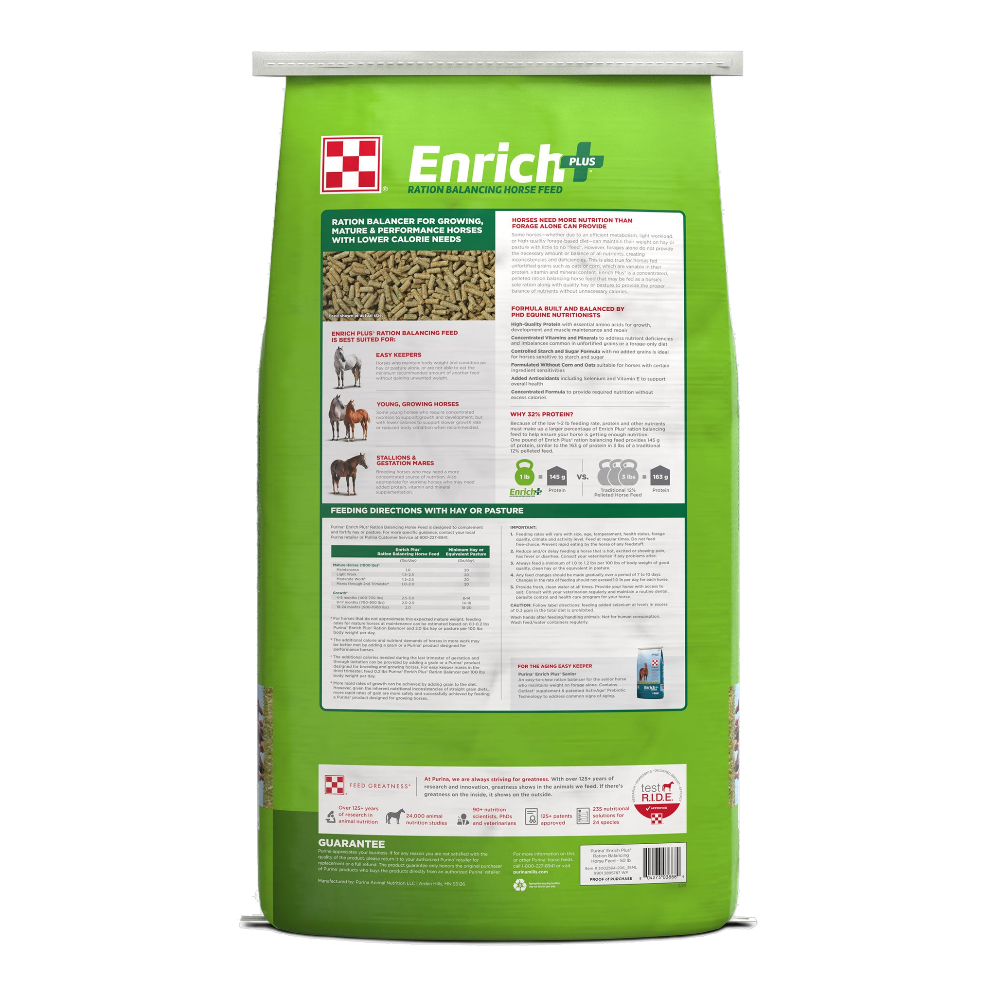 Back of the Purina Enrich Plus bag with feeding rates and guaranteed analysis