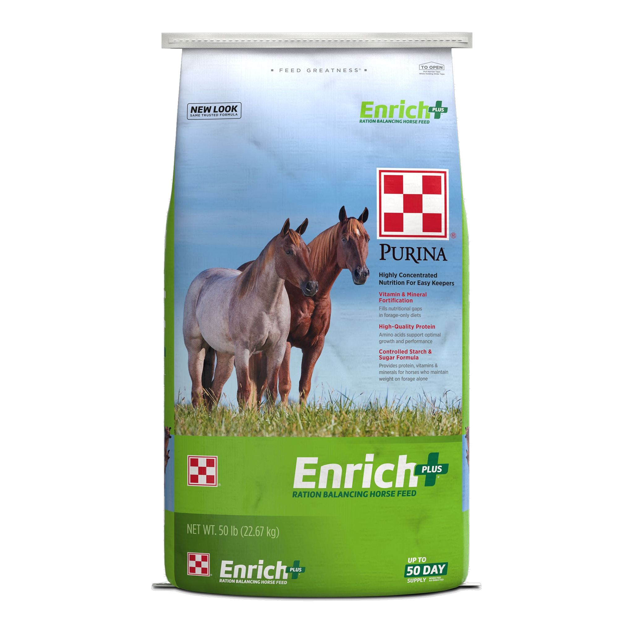 Purina Enrich Plus Ration Balancing horse feed, front of the 50 lb bag