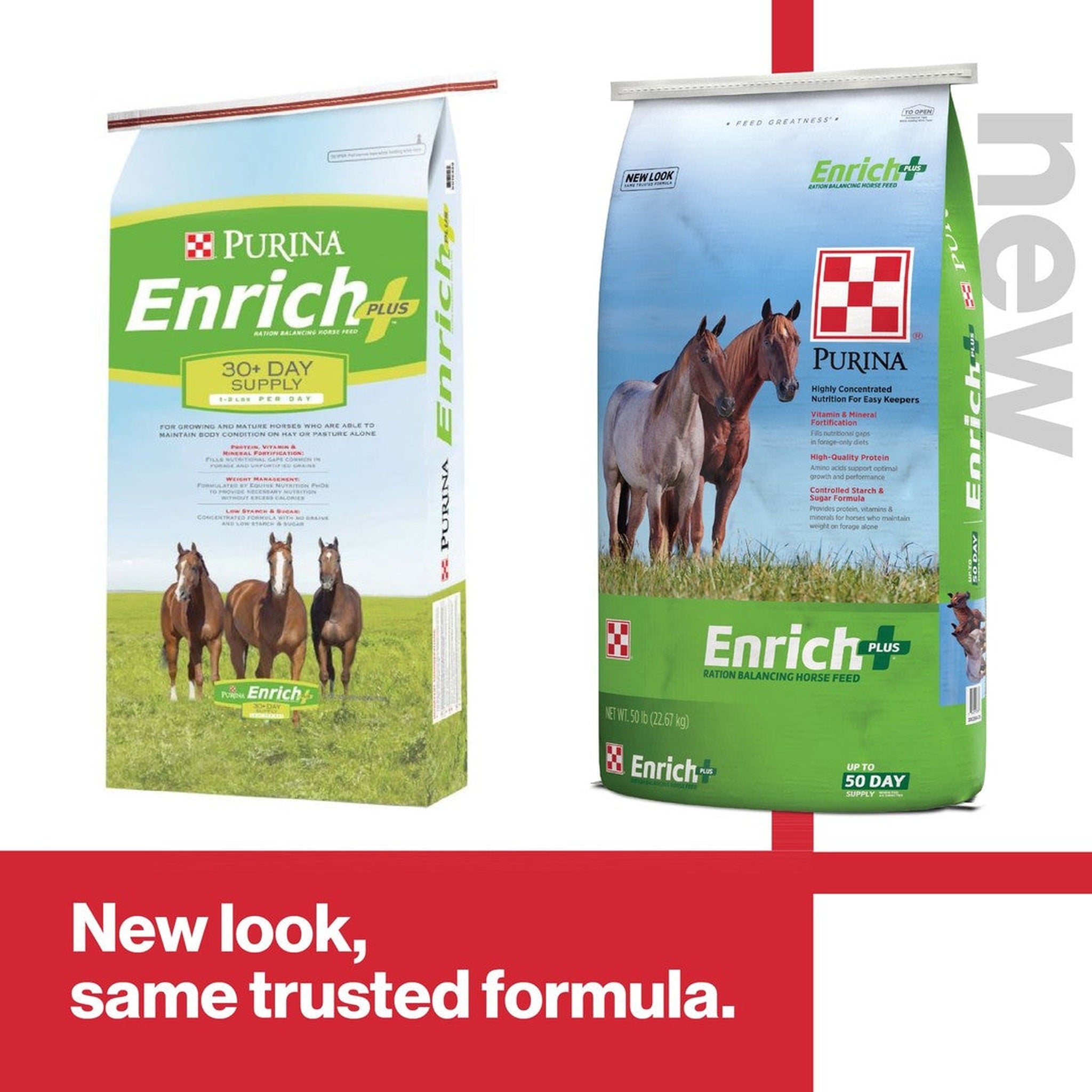 Purina Enrich Plus packaging update graphic, new bag look with the same trusted formula