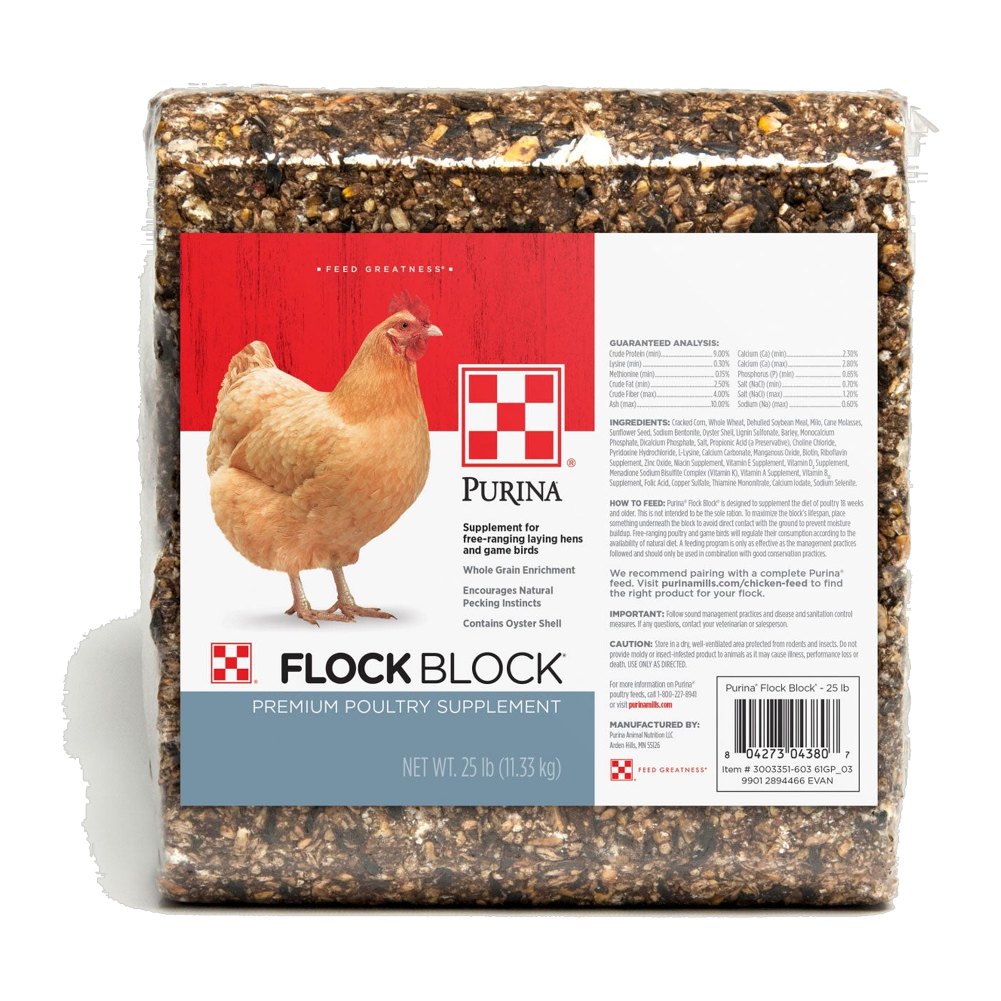 Purina Flock Block 25 lb pressed whole-grain poultry supplement block, front label