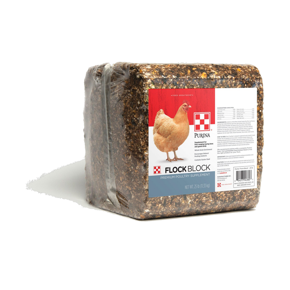 Angled view of the shrink-wrapped Purina Flock Block showing the pressed whole grains