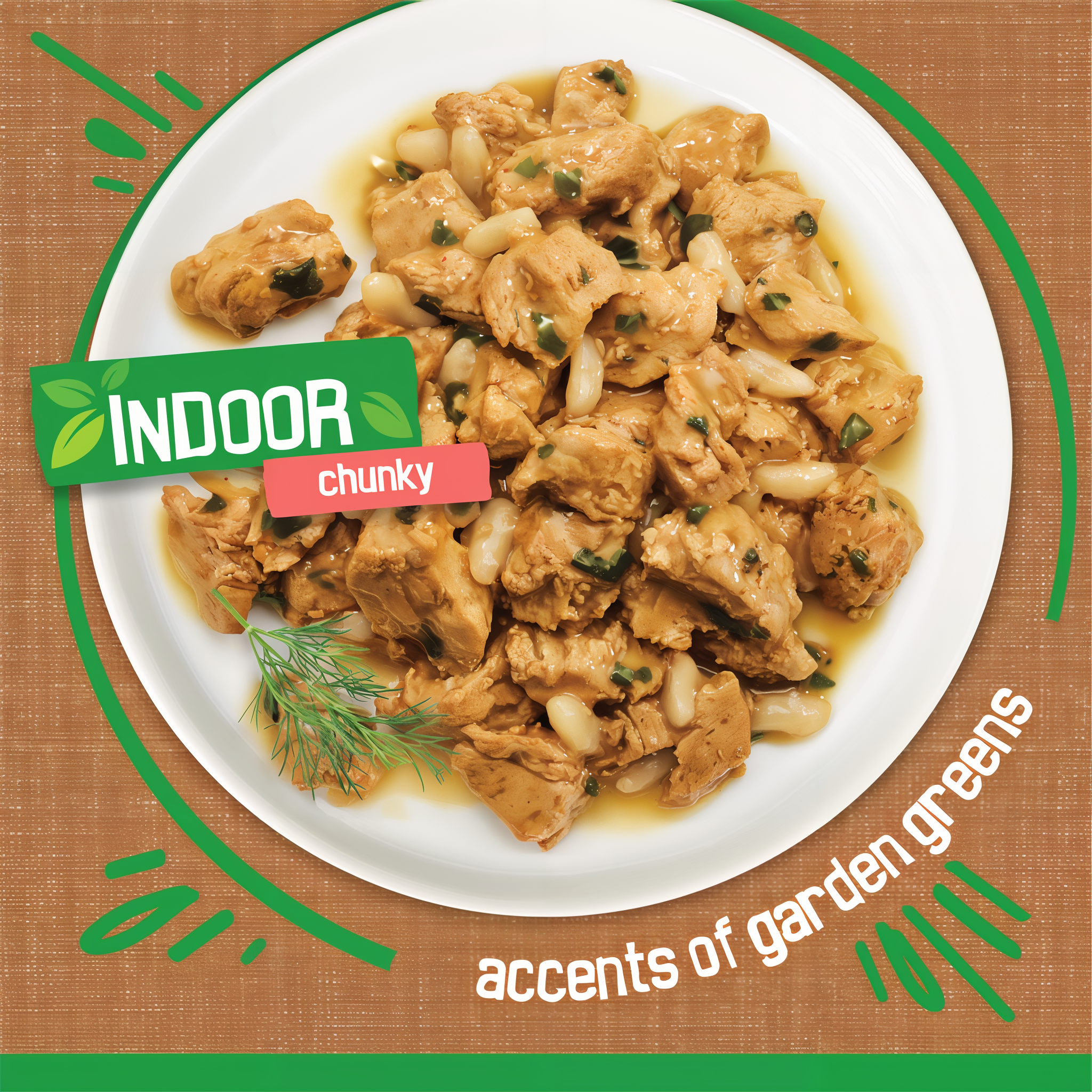 Chunky chicken and turkey pieces with accents of garden greens on a plate
