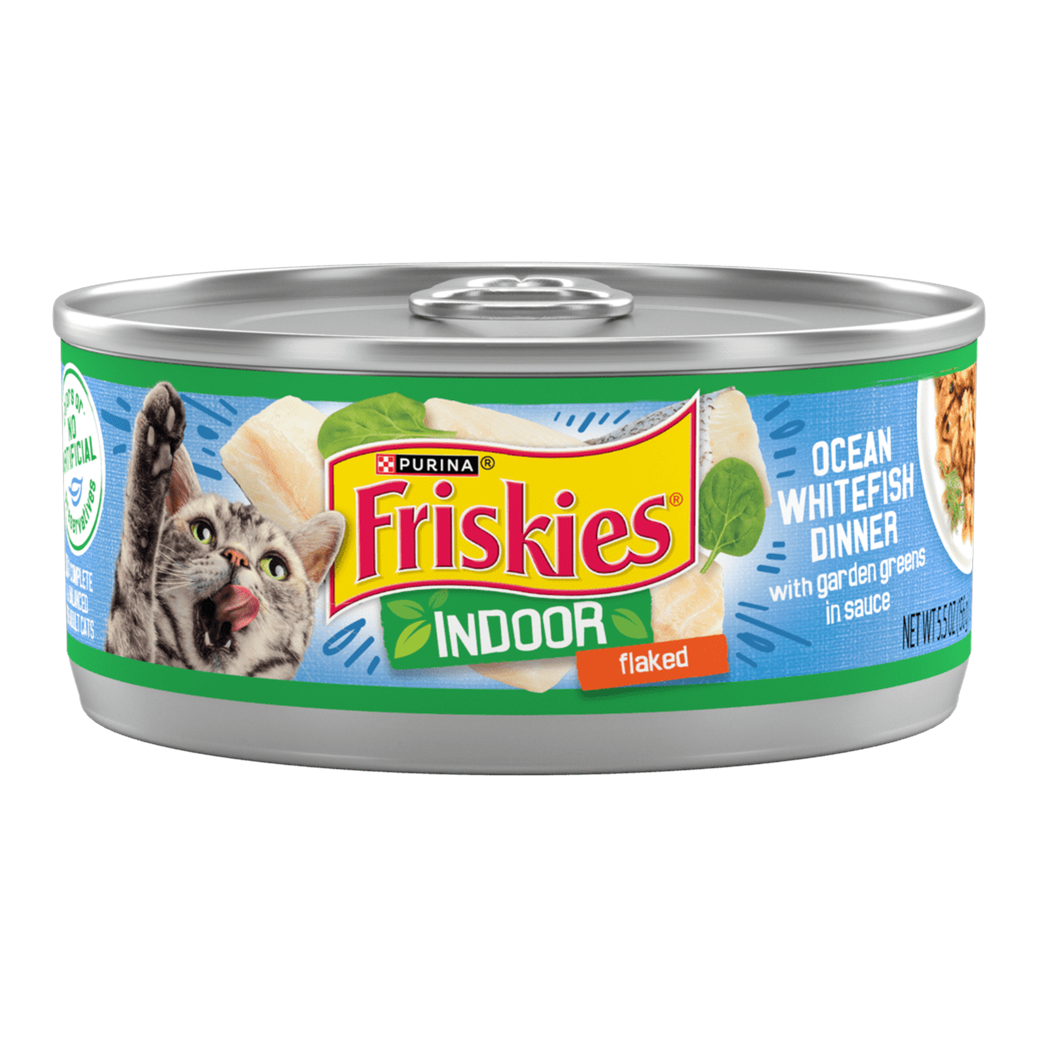 Purina Friskies Indoor Flaked Ocean Whitefish Dinner With Garden Greens in Sauce wet cat food, 5.5 oz can