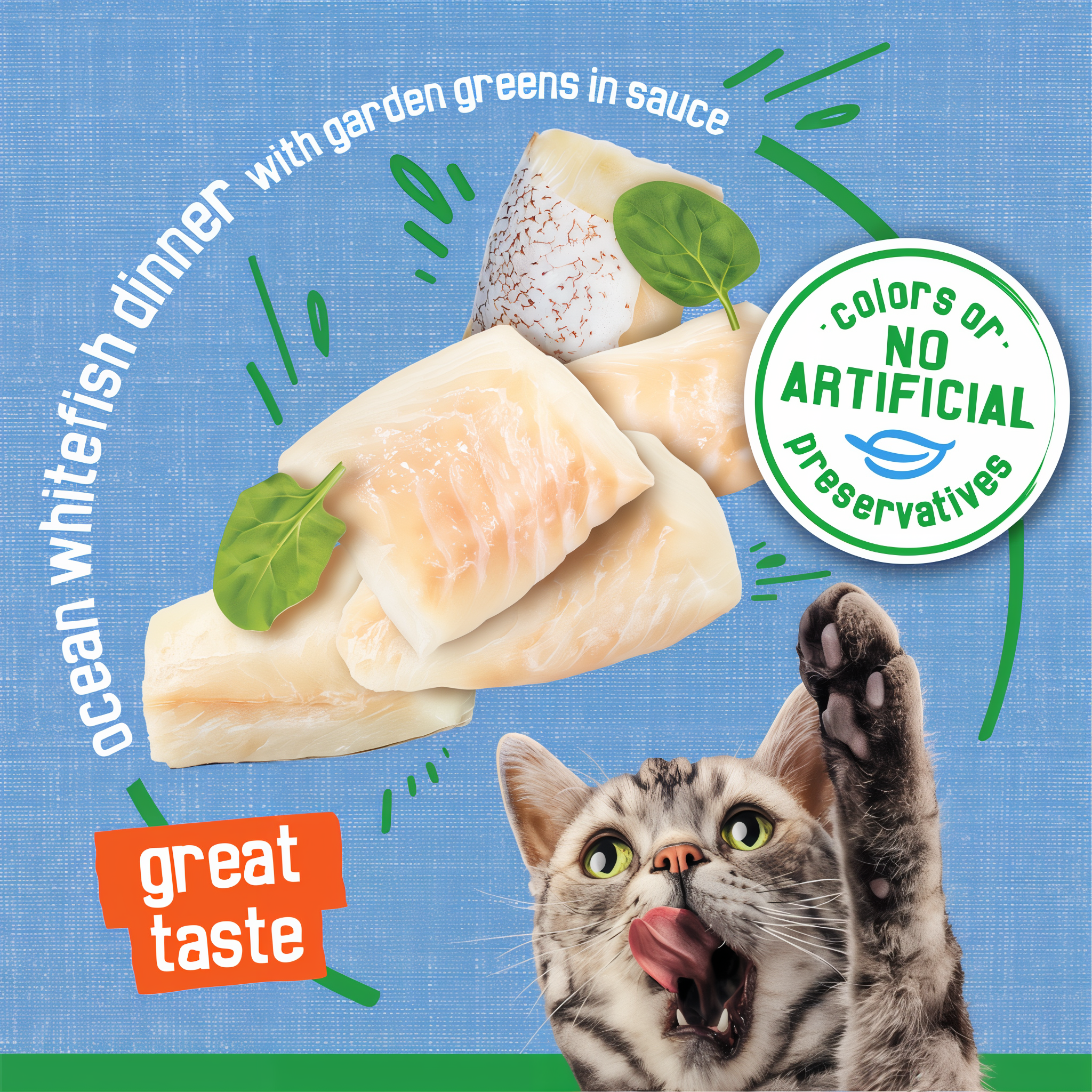 Ocean whitefish dinner with garden greens in sauce, made without artificial colors or preservatives