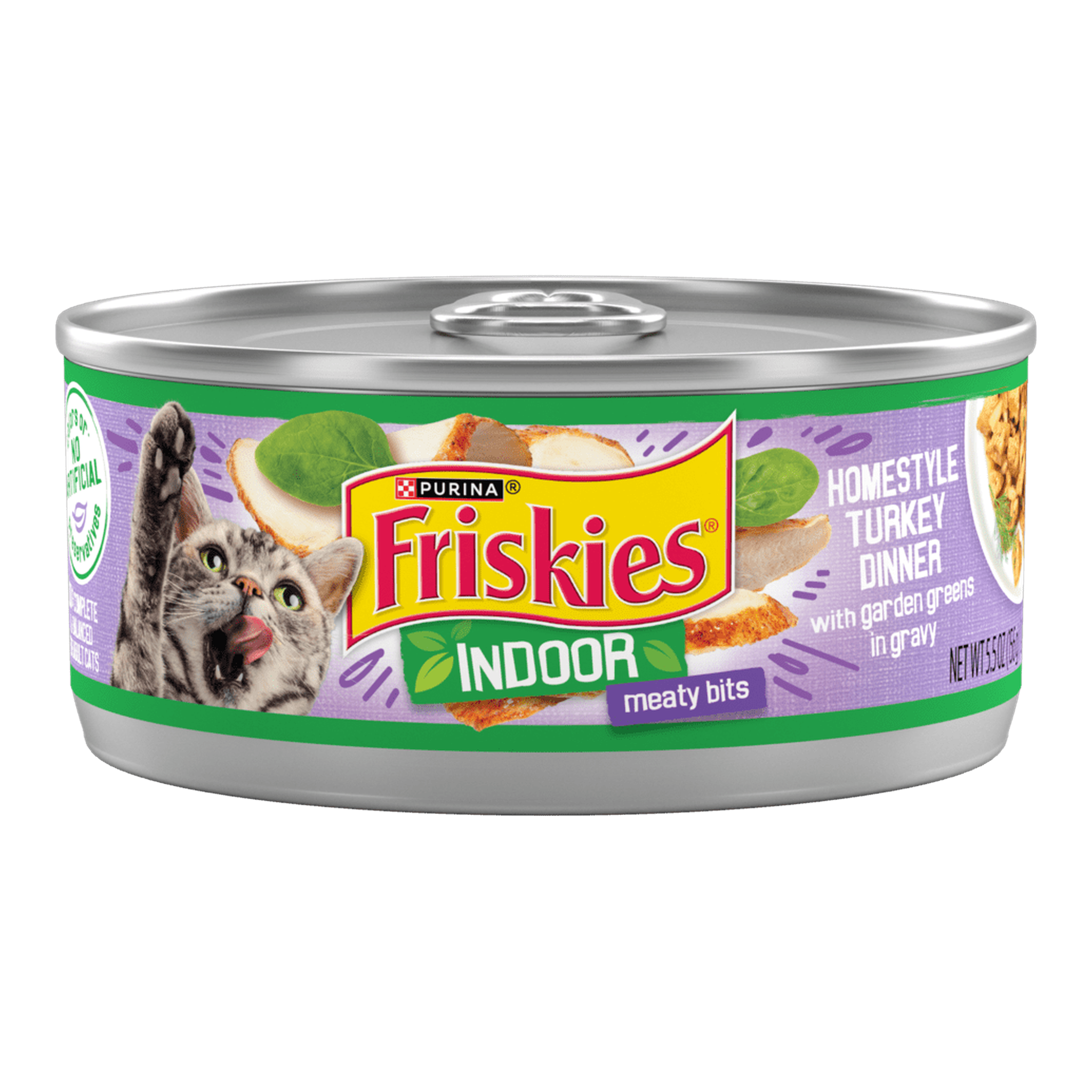 Purina Friskies Indoor Meaty Bits Homestyle Turkey Dinner With Garden Greens in Gravy wet cat food, 5.5 oz can