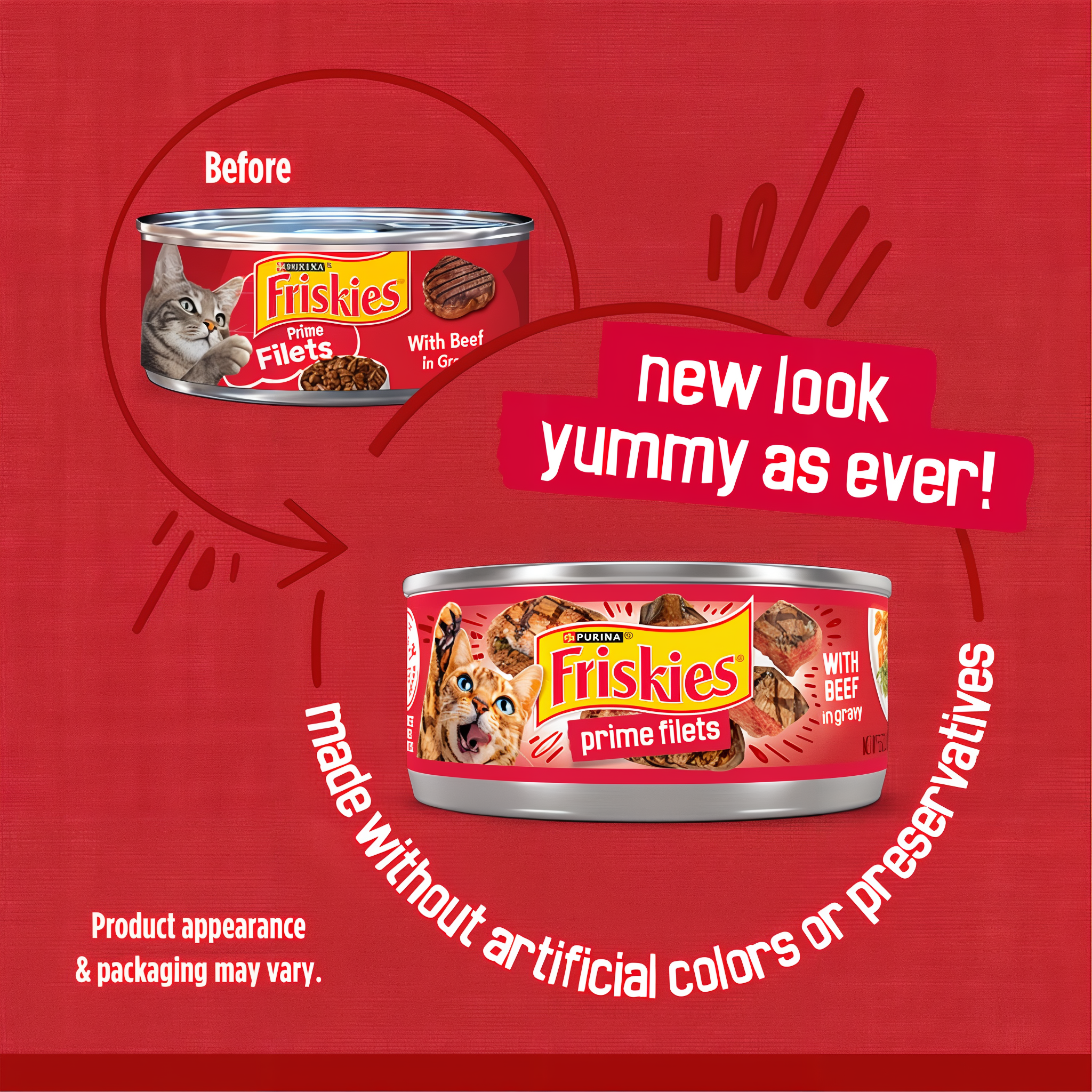 Before and after comparison of the previous and updated Friskies can design