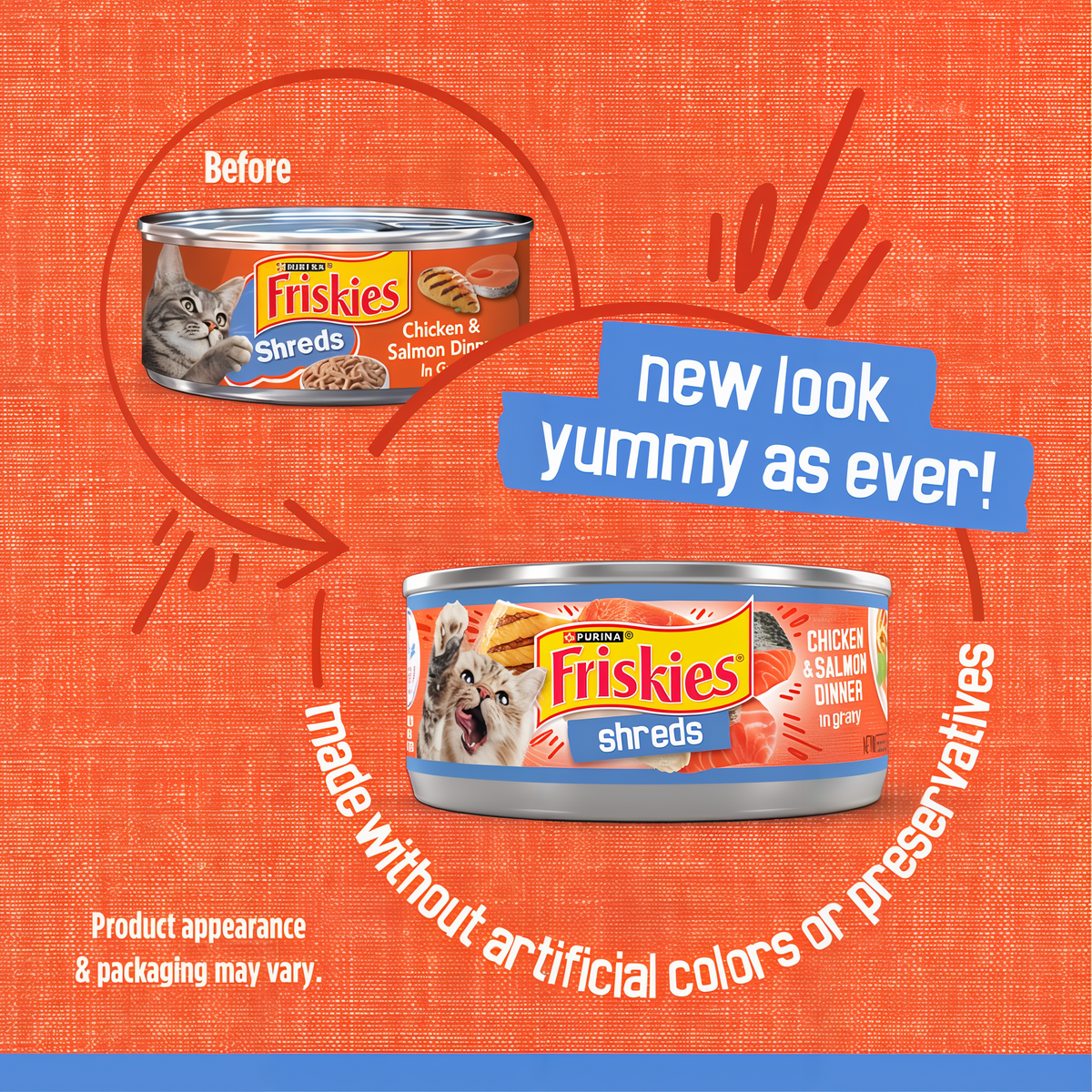 Before and after comparison of the previous and updated Friskies can design