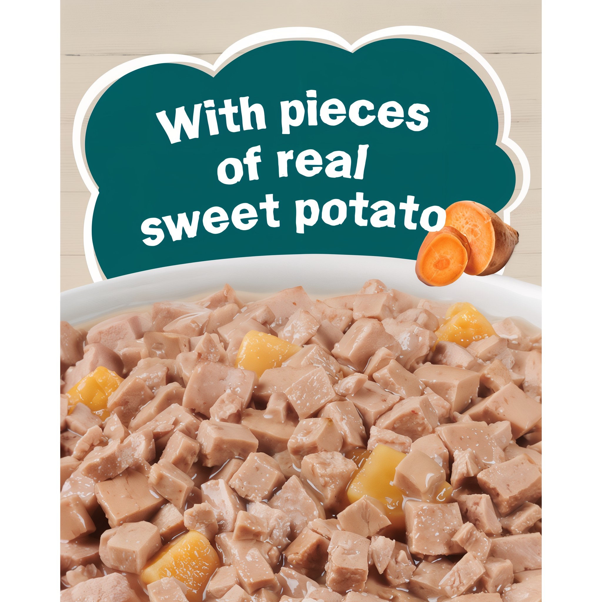 Served bowl showing pieces of real sweet potato in the sauce