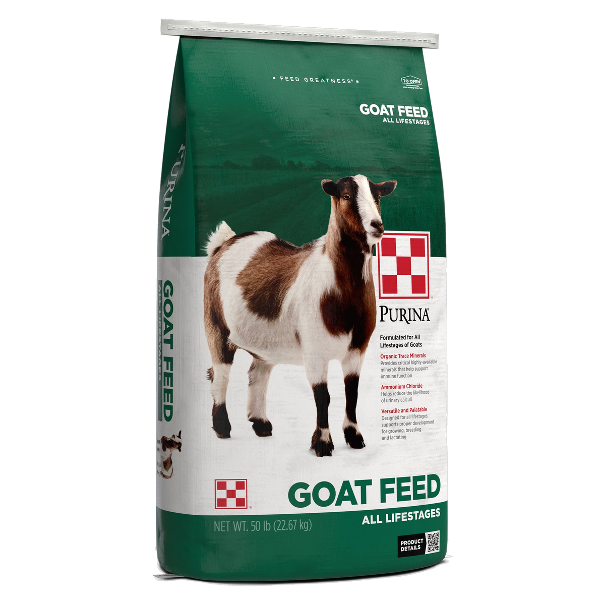 Purina Goat Chow Plus Up bag angled view left