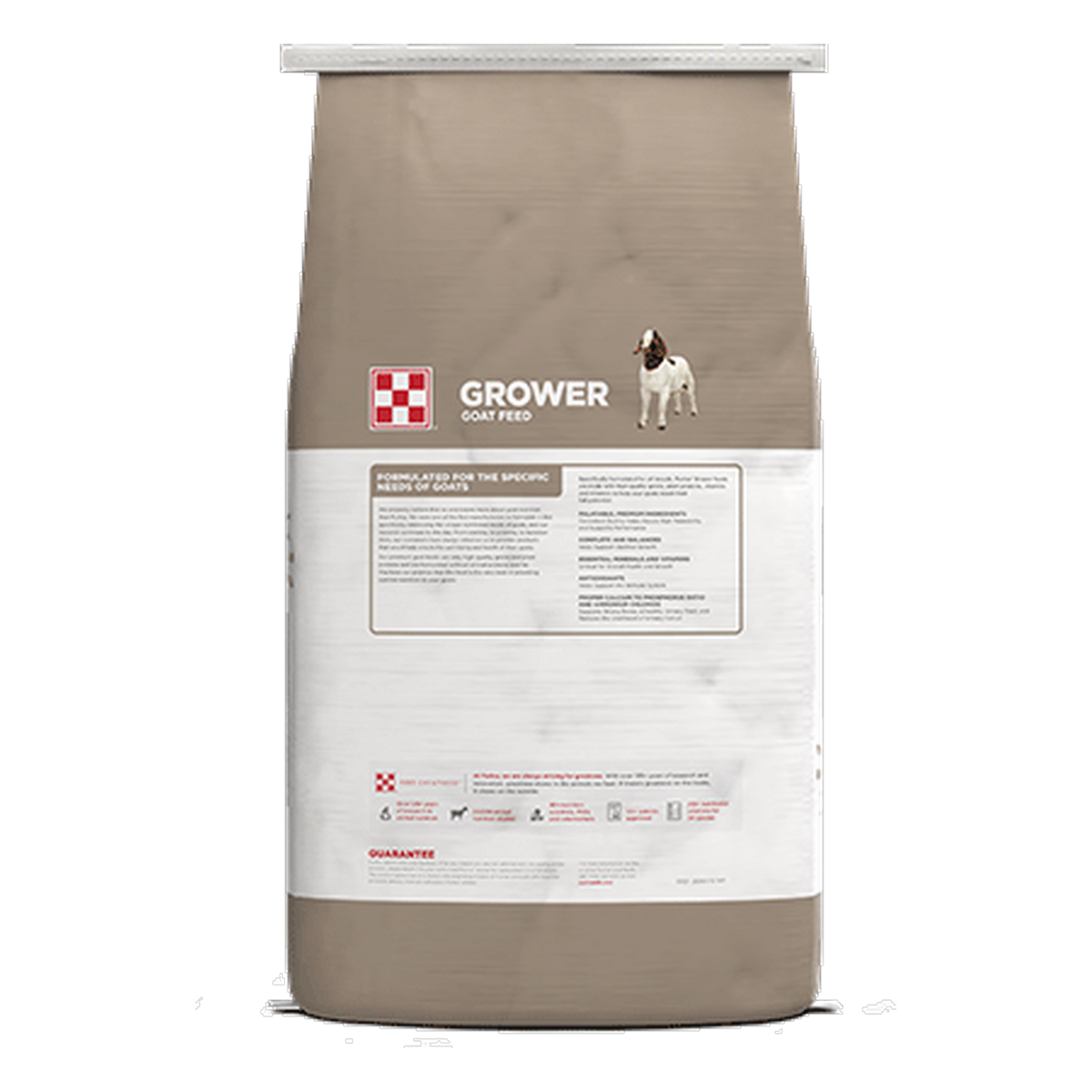 Back of the Purina Goat Grower 16 Plus Up DQ .0015 medicated goat feed 50 lb bag
