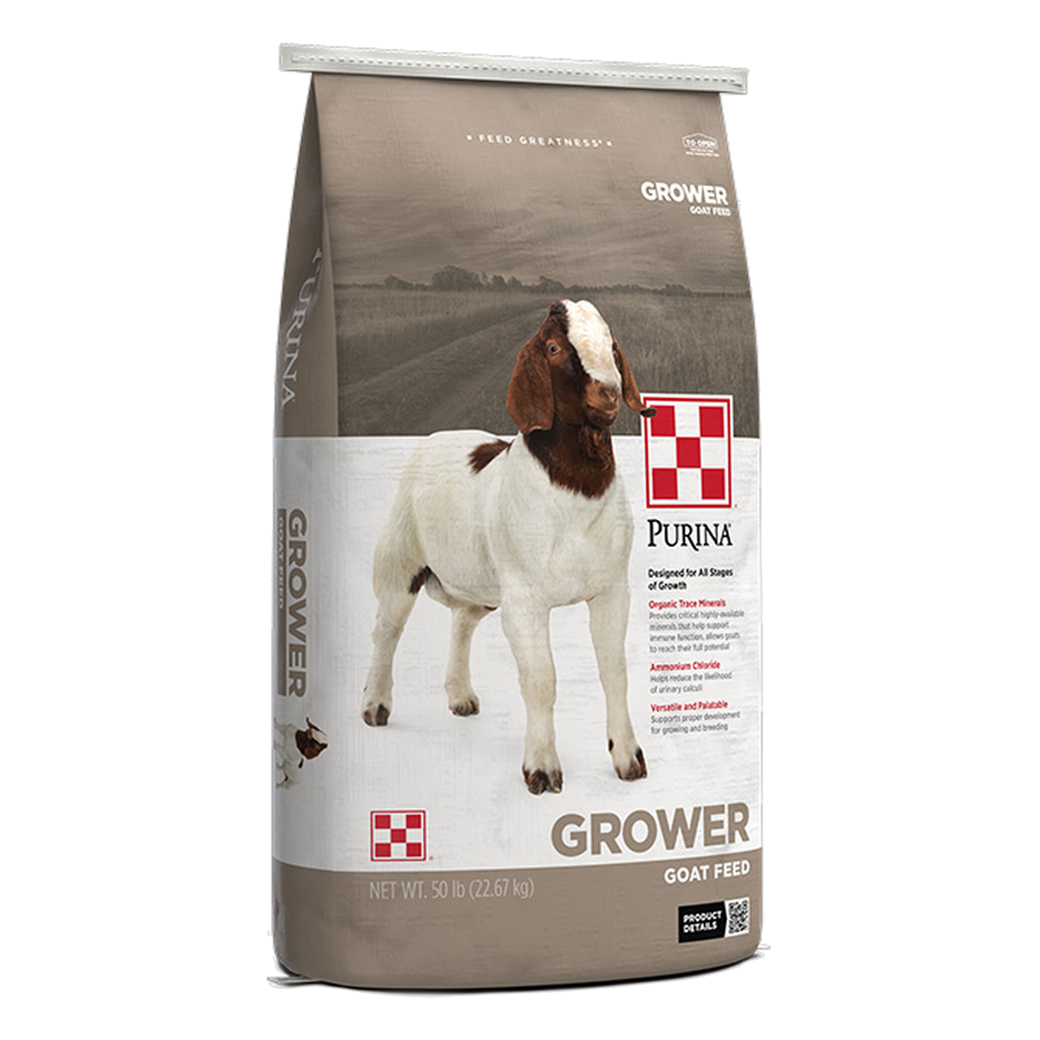 Purina Goat Grower 16 Plus Up DQ .0015 medicated goat feed 50 lb bag, front of package