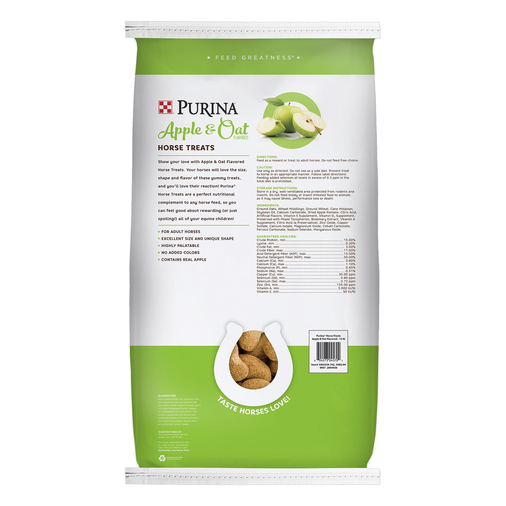 Back of the Purina Apple and Oat-Flavored Horse Treats 15 lb bag with feeding directions and guaranteed analysis
