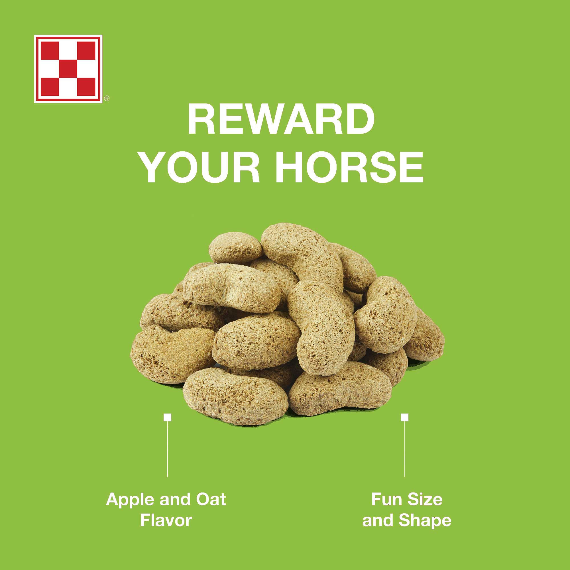 Purina Apple and Oat-Flavored horse treat nuggets with callouts for apple and oat flavor and fun size and shape