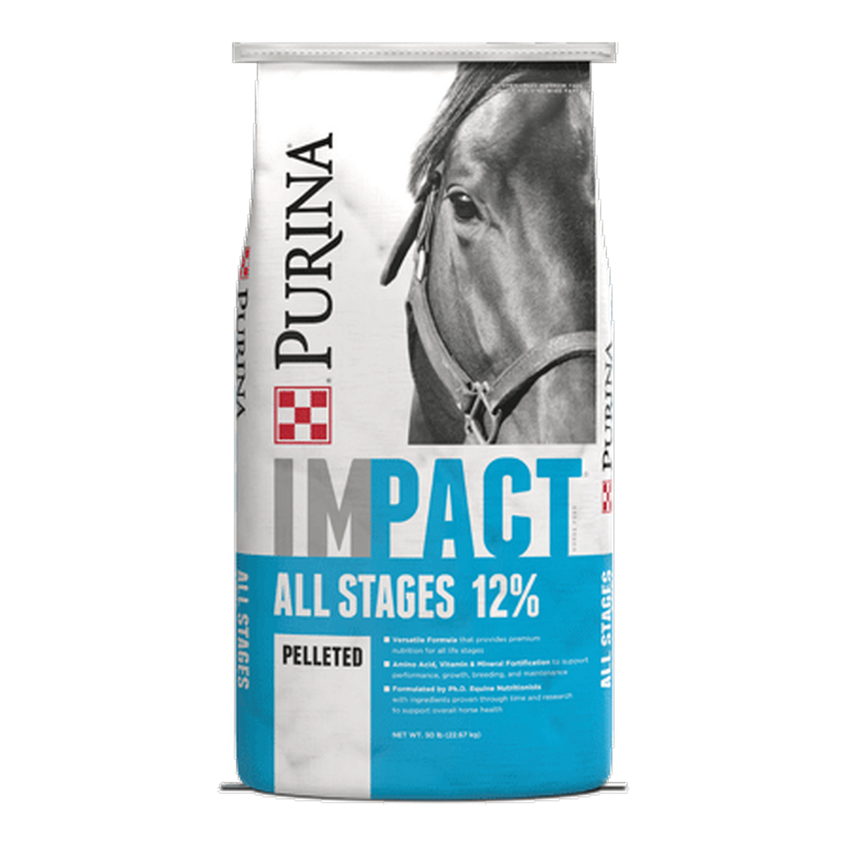 Front of the Purina Impact All Stages 12 percent pelleted horse feed bag