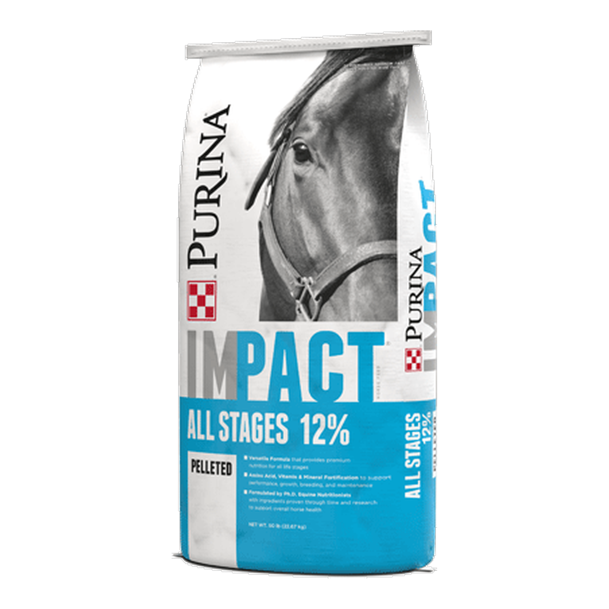 Side panel of the Purina Impact All Stages 12 percent horse feed bag