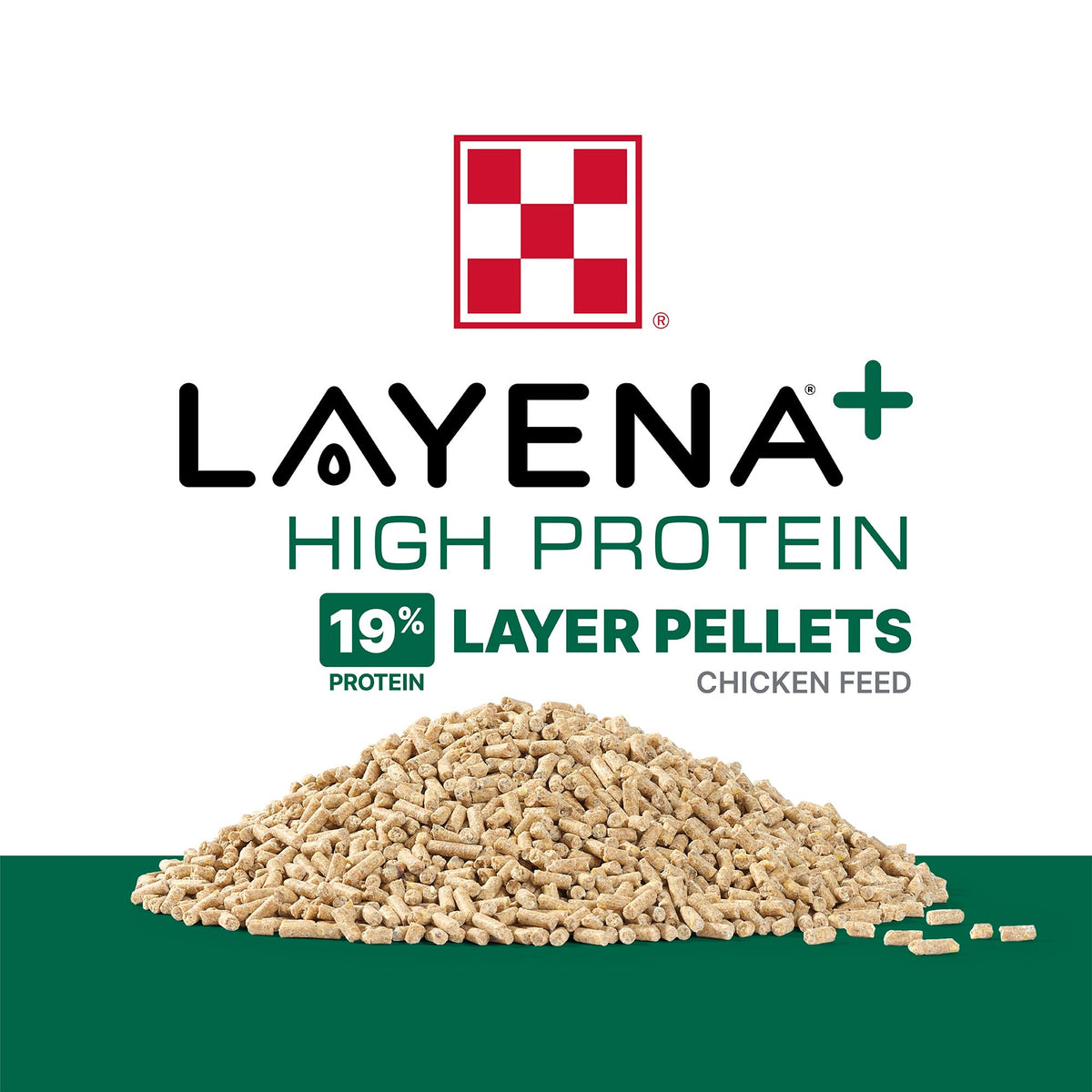 Purina Layena Plus High Protein 19 percent layer pellets shown in a pile