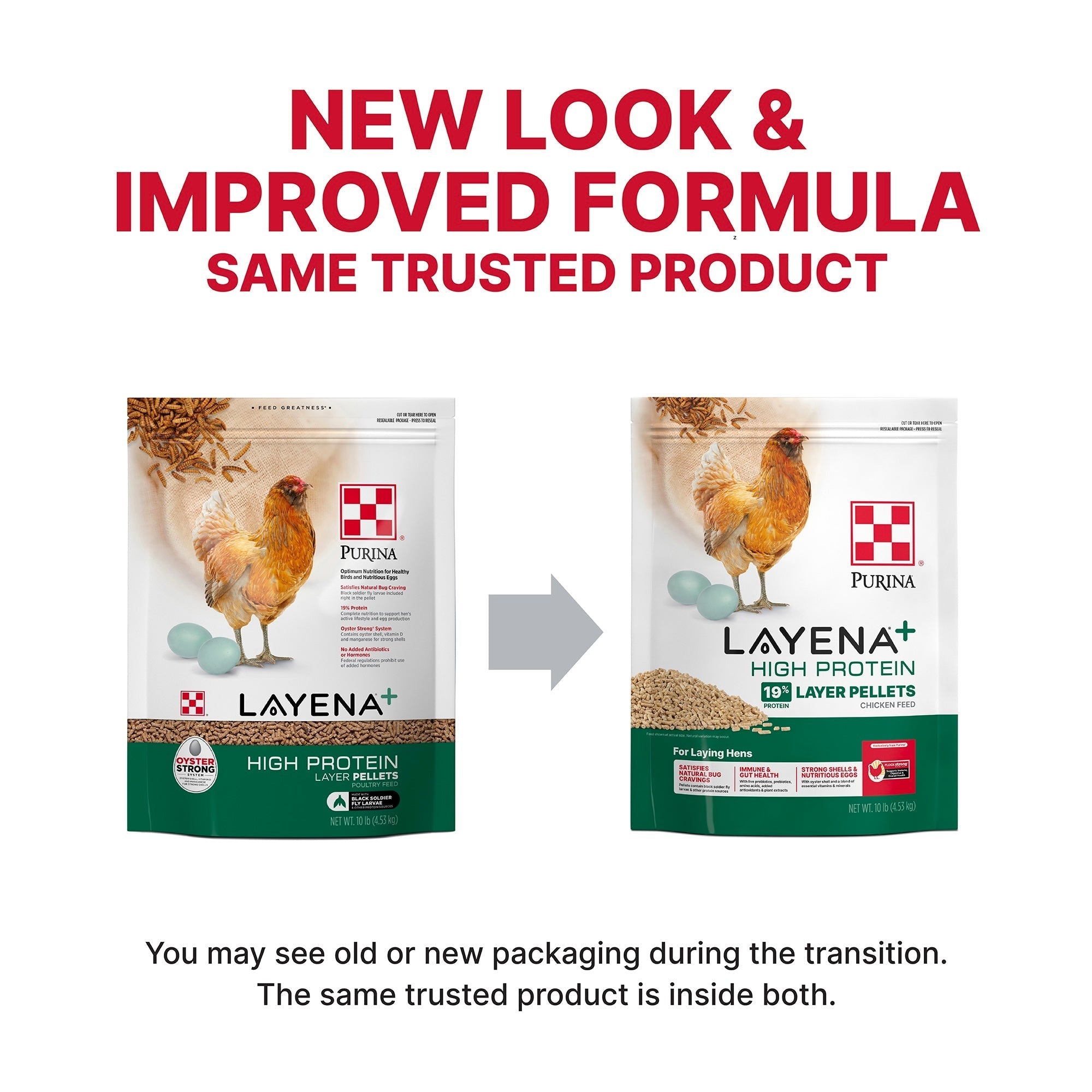 Previous and updated Purina Layena Plus High Protein bag designs shown side by side during the packaging transition