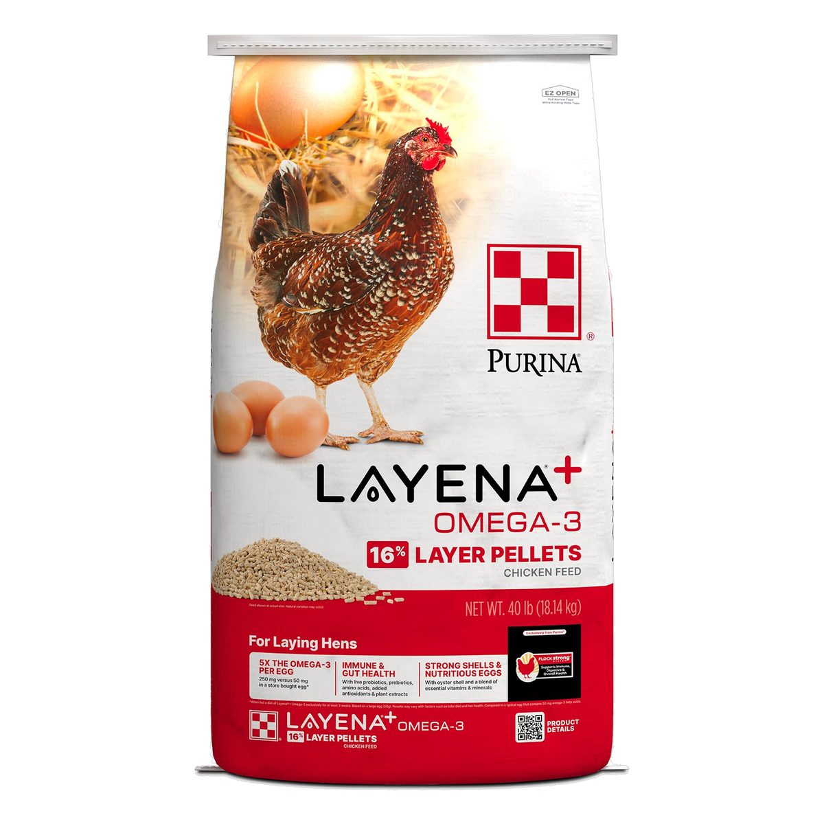 Purina Layena+ Omega-3 Chicken Feed Pellets 40 lb bag front