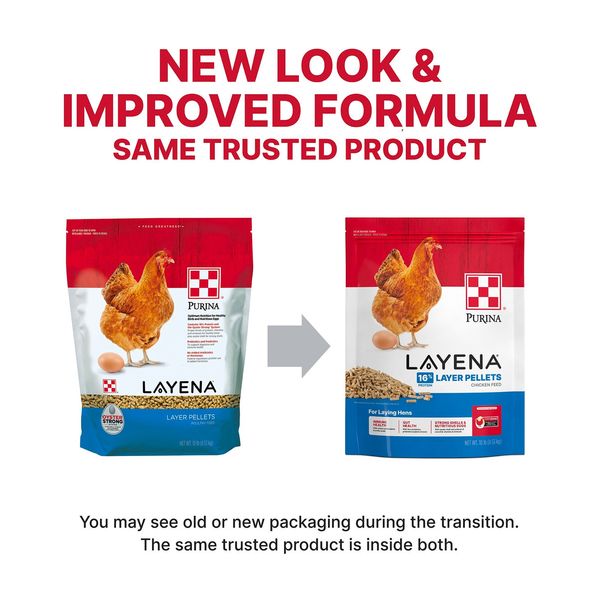 Purina Layena Pellets packaging update graphic comparing the previous and current bag designs