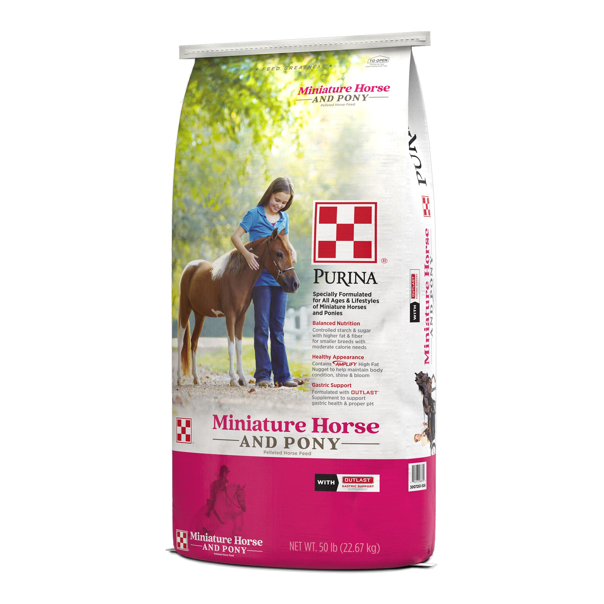 Purina Miniature Horse and Pony feed 50 lb bag, right three-quarter view