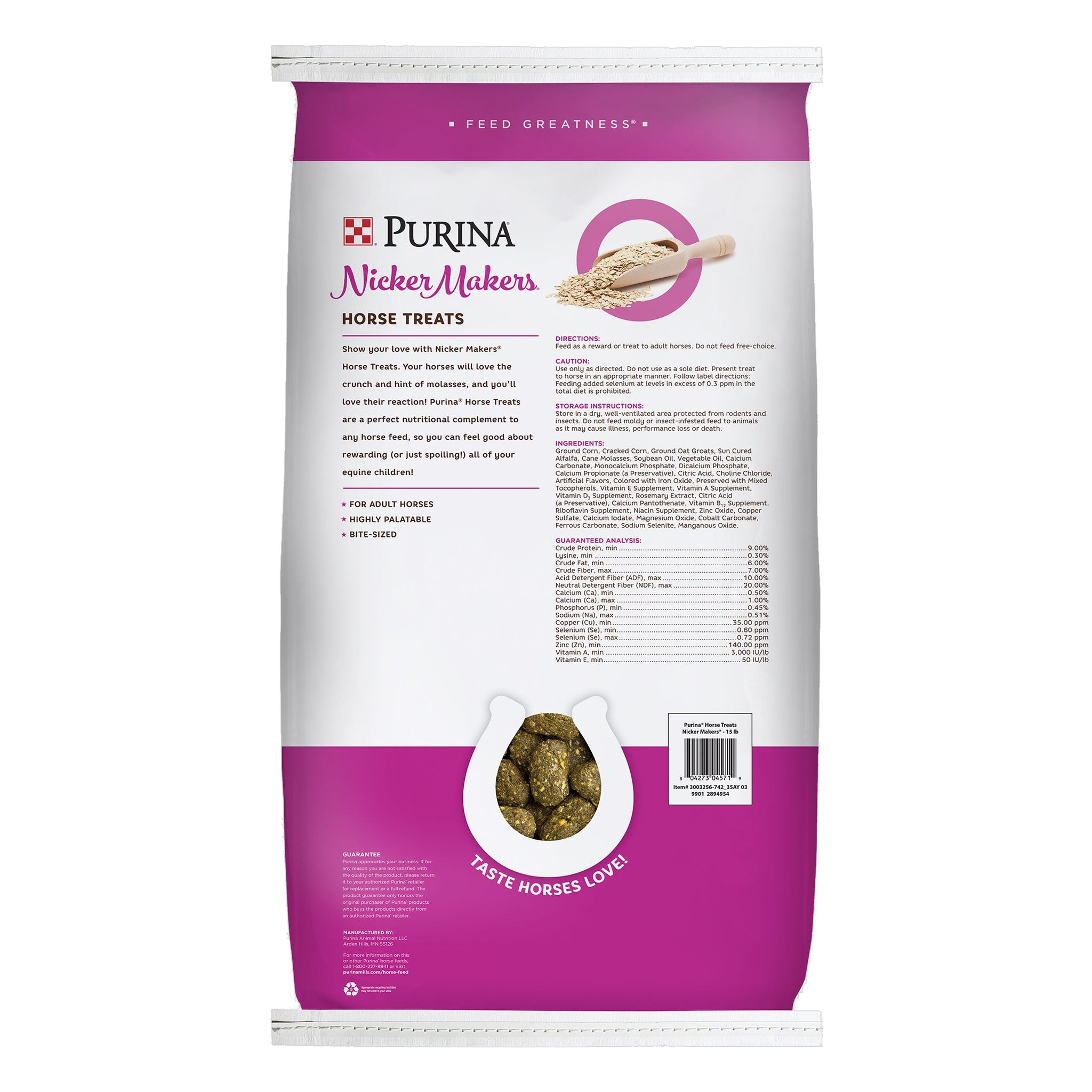 Back of the Purina Nicker Makers Horse Treats 3.5 lb pouch with feeding directions and guaranteed analysis