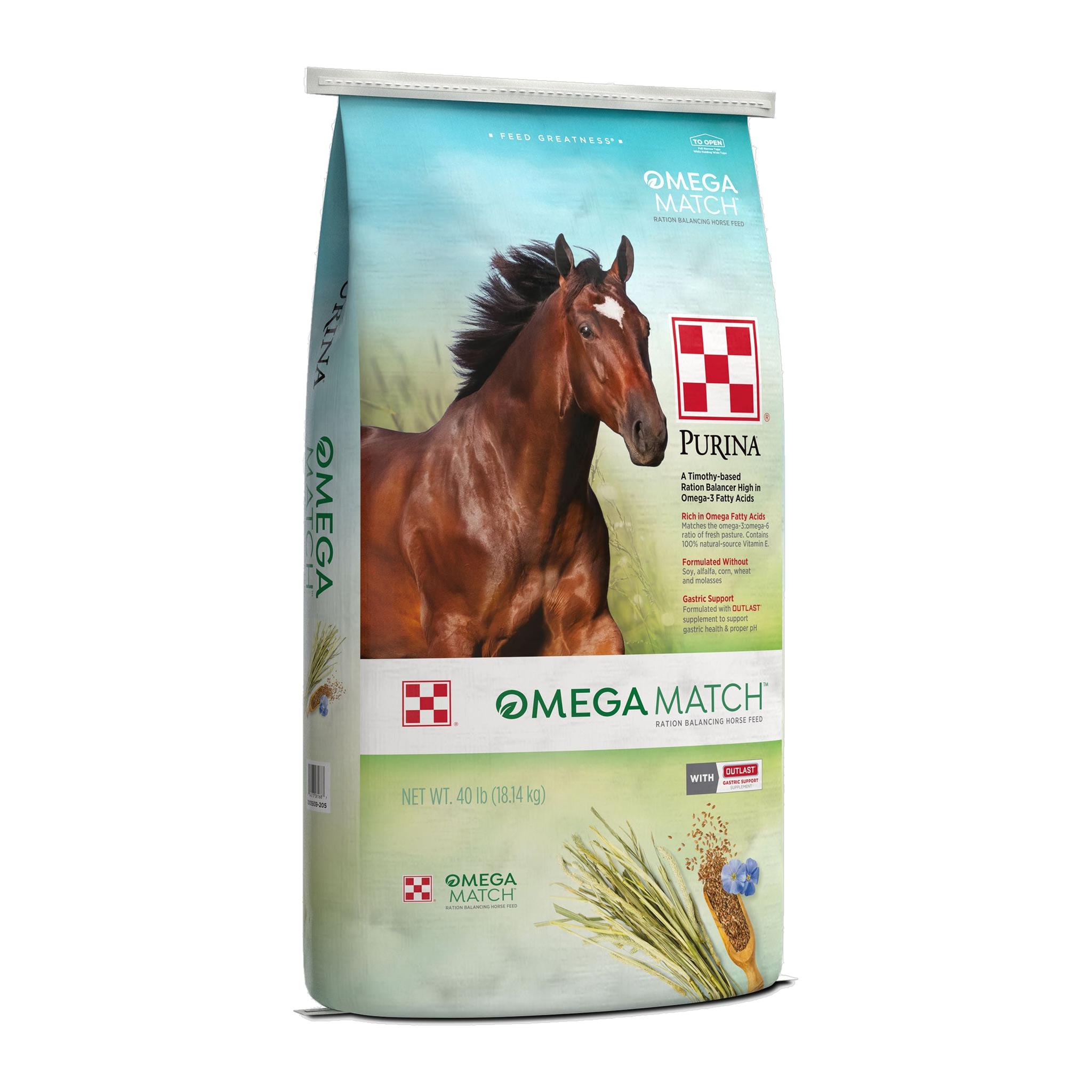 Purina Omega Match Ration Balancing Horse Feed 40 lb bag, front of package