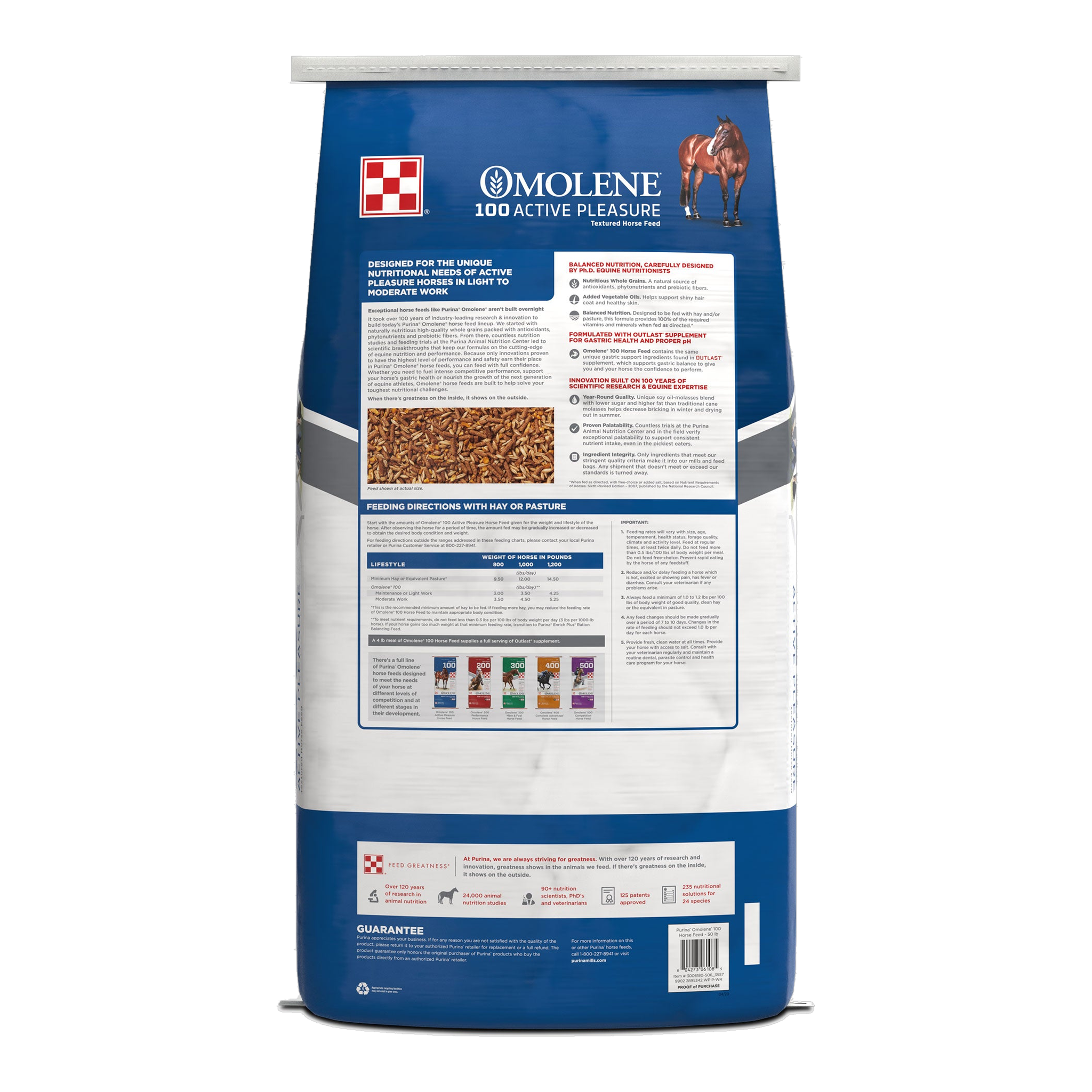 Back of the Purina Omolene 100 horse feed bag with feeding directions and guaranteed analysis