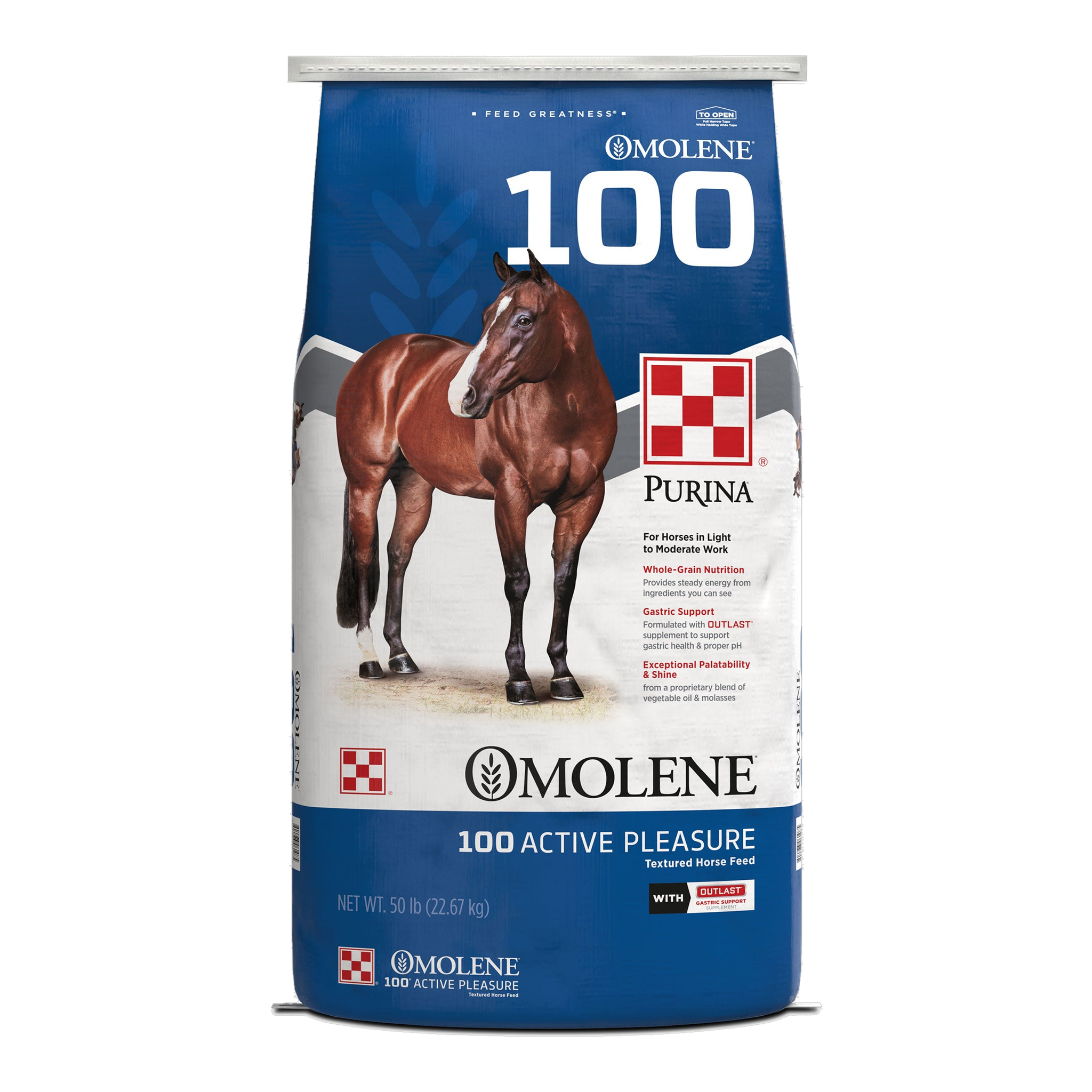 Purina Omolene 100 Active Pleasure textured horse feed, front of the 50 lb bag