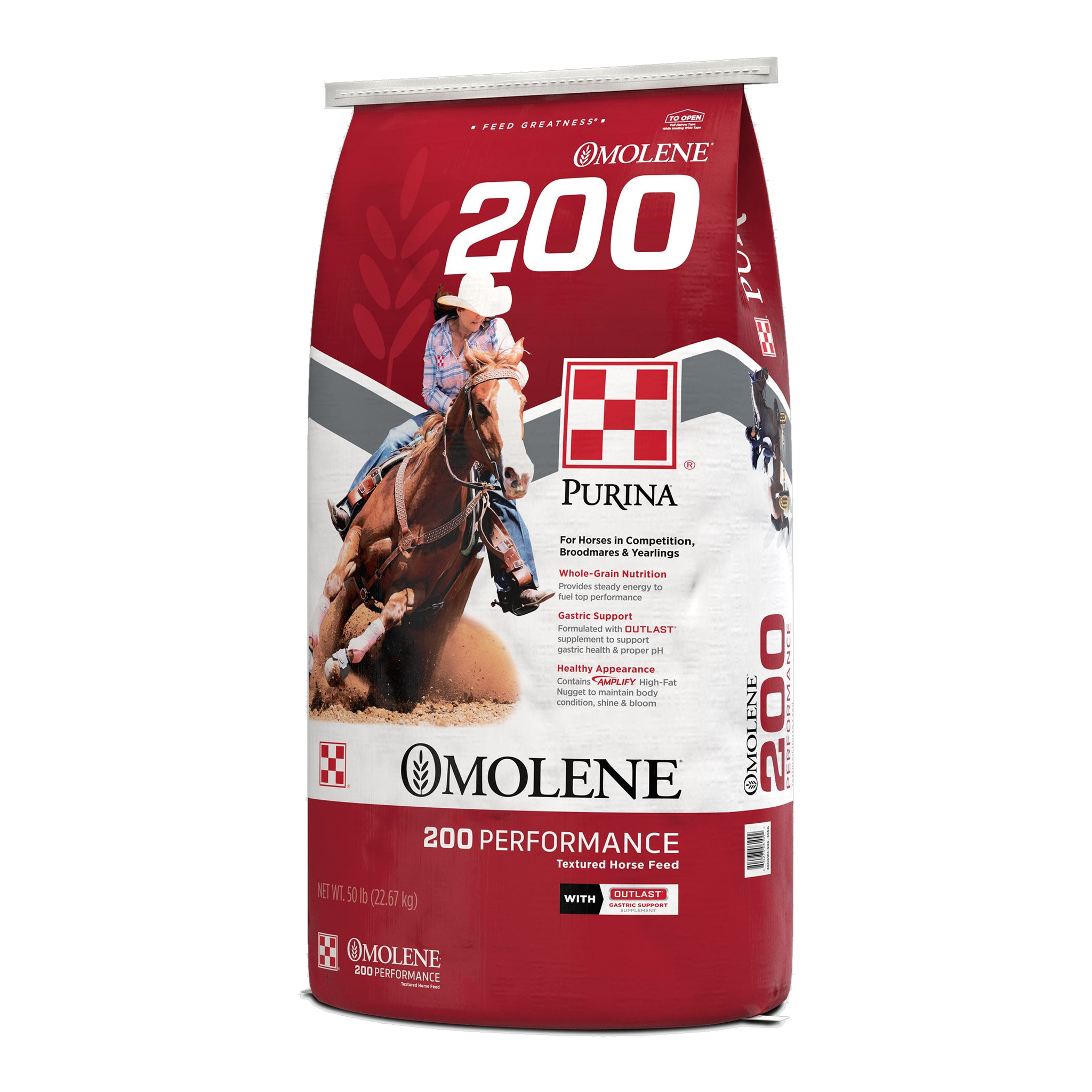 Purina Omolene 200 Performance horse feed 50 lb bag, right three-quarter view