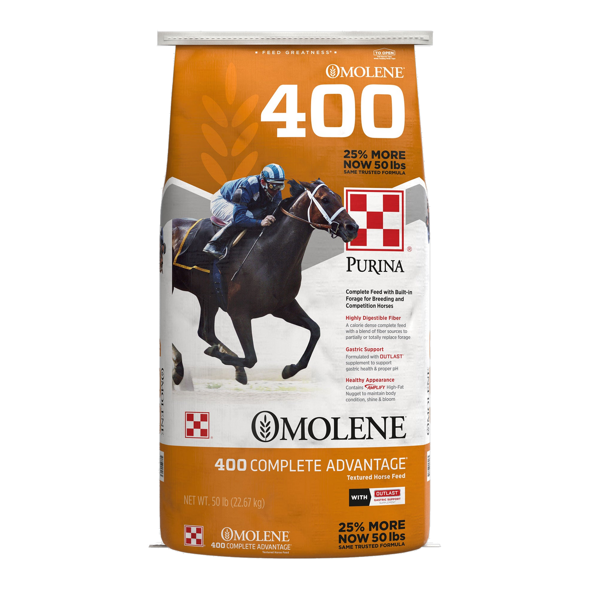 Purina Omolene 400 Complete Advantage horse feed, front of the 50 lb bag
