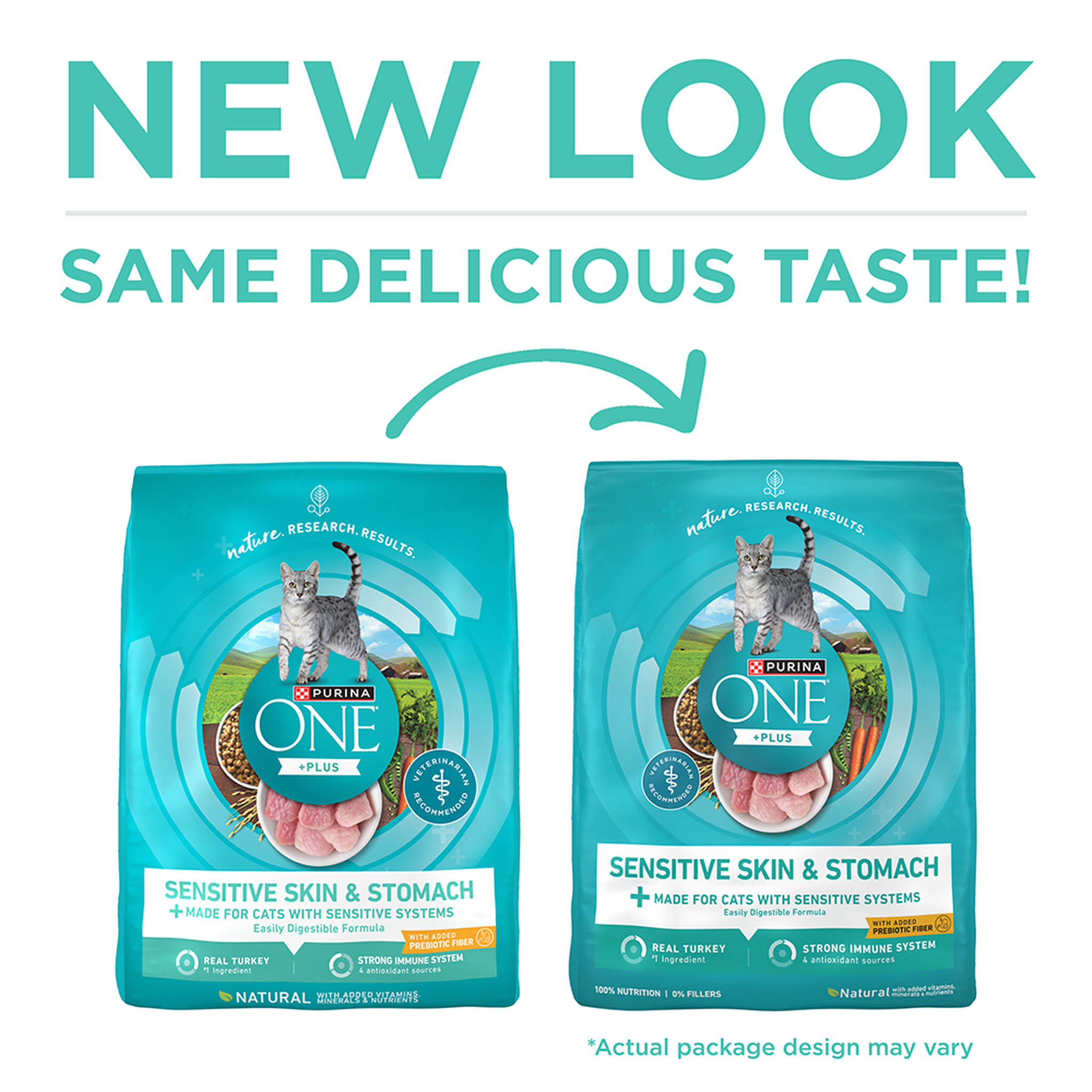 New look, same delicious taste - previous and current Purina ONE Plus Sensitive Skin and Stomach bag designs