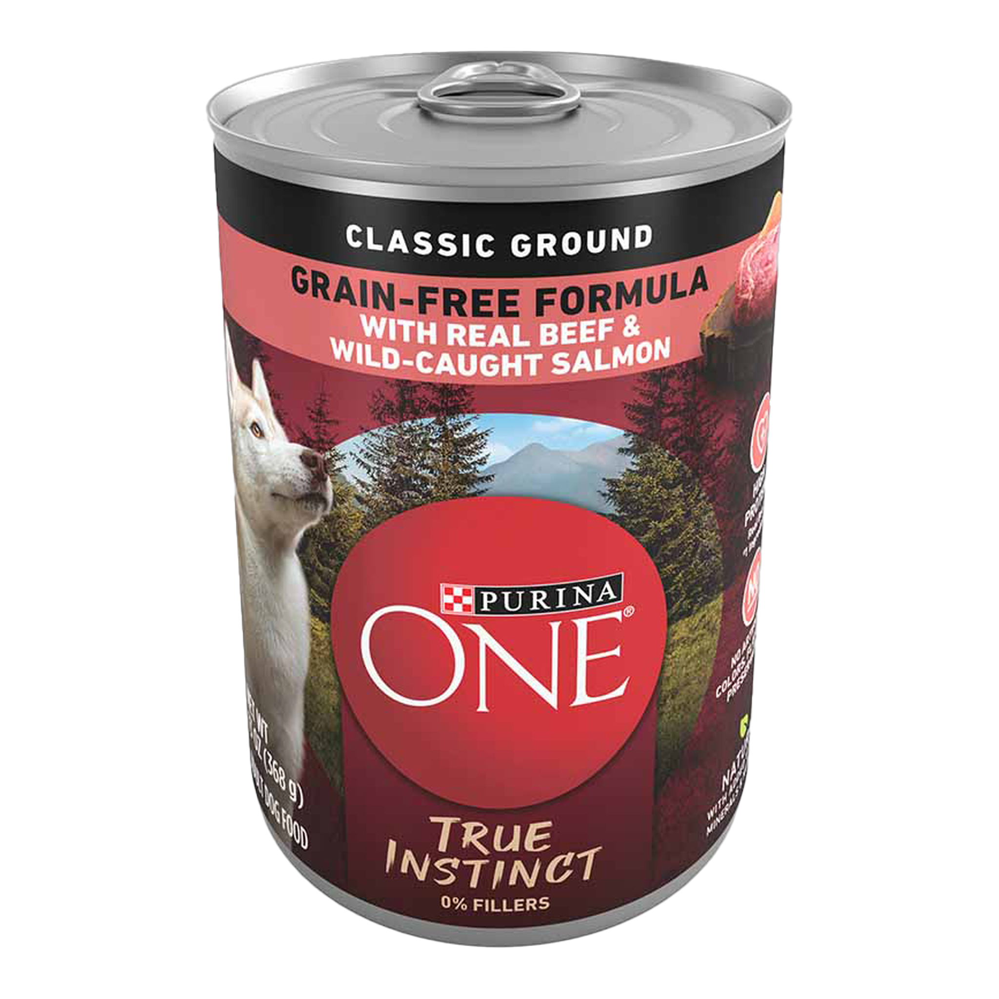 Purina ONE True Instinct Classic Ground grain-free wet dog food can with real beef and wild-caught salmon