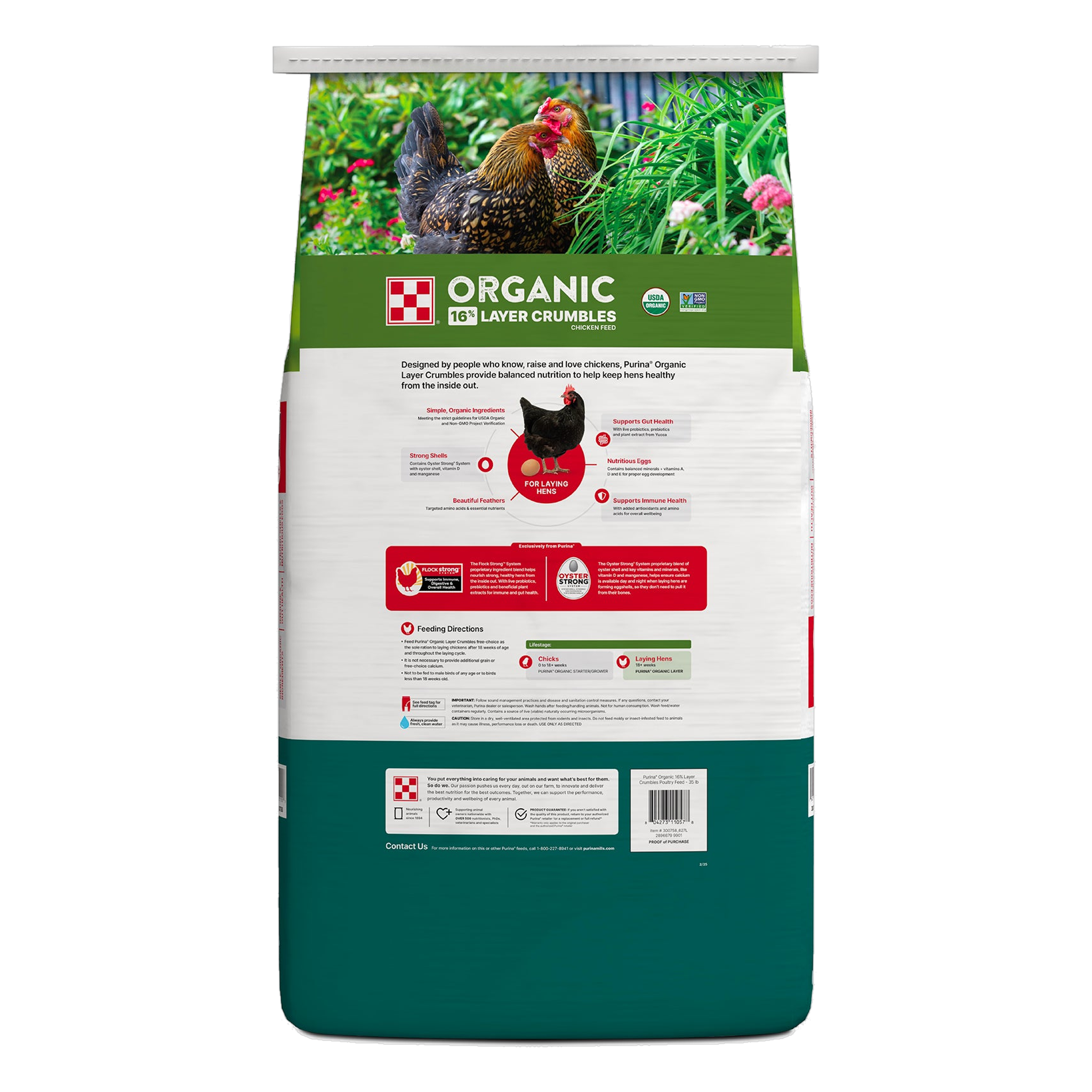 Purina Organic Layer Crumbles Chicken Feed 35 lb bag back panel with feeding directions