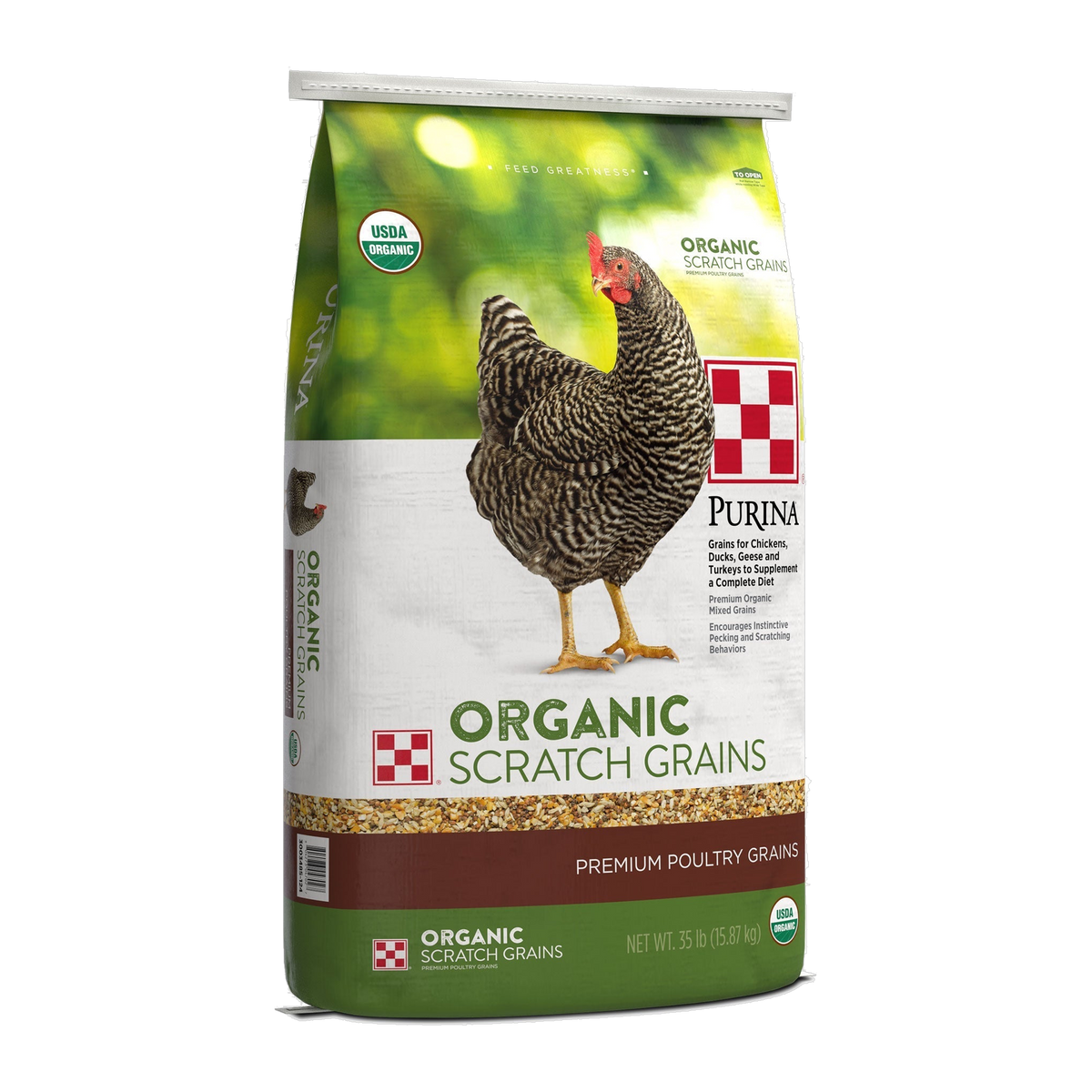 Left side panel of the Purina Organic Scratch Grains 35 lb bag