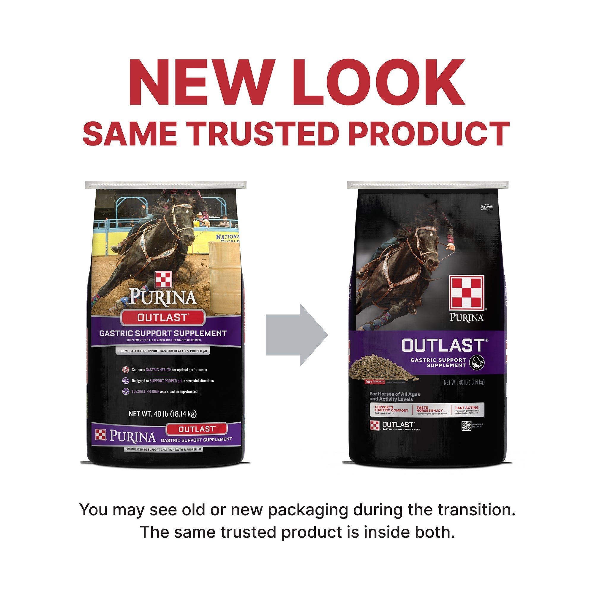 Purina Outlast packaging transition graphic showing old and new bag designs