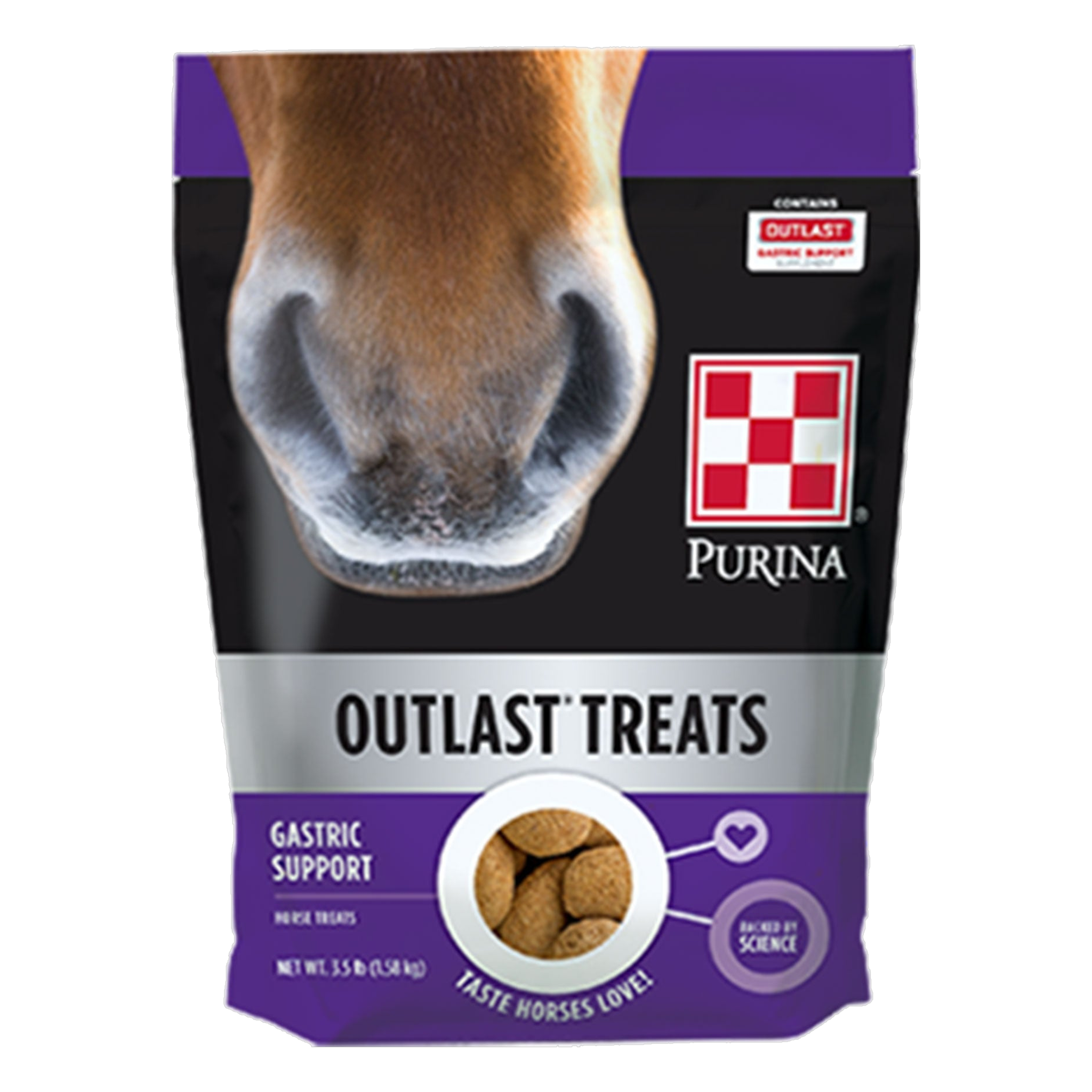 Purina Outlast Horse Treats 3.5 lb bag with Outlast Gastric Support Supplement, front of package