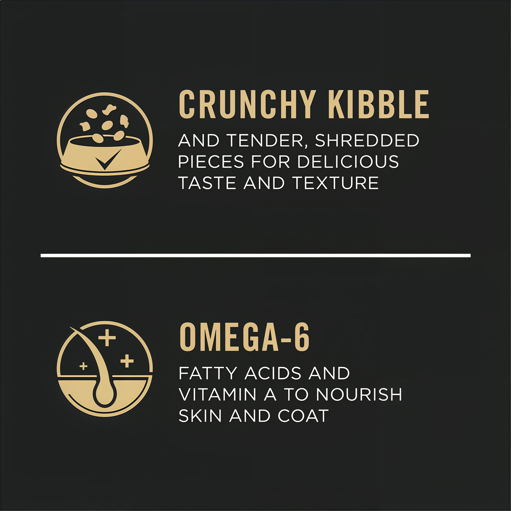 Crunchy kibble with tender shredded pieces plus omega-6 fatty acids and vitamin A for skin and coat