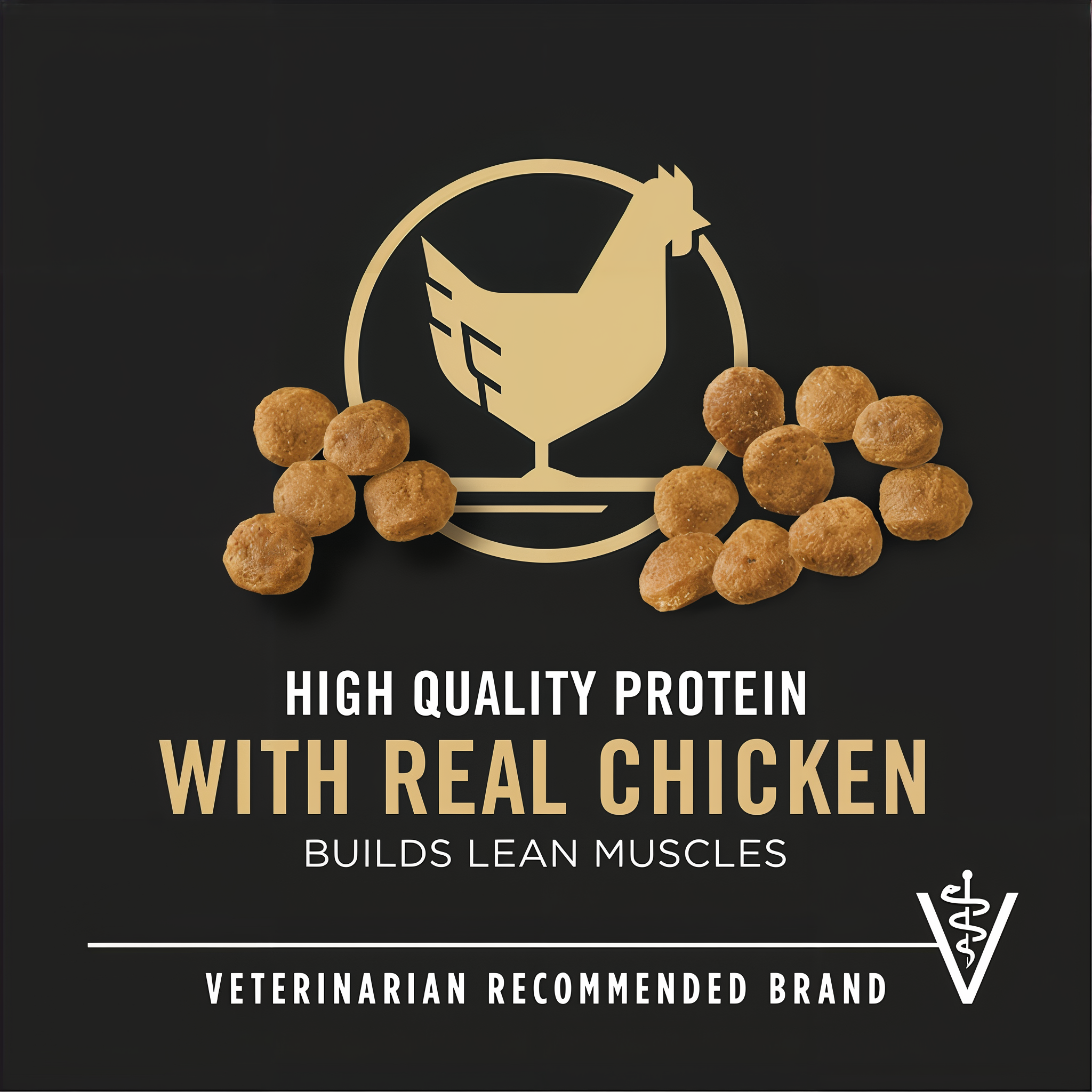 Package label panel highlighting high-quality protein and veterinarian recommendation